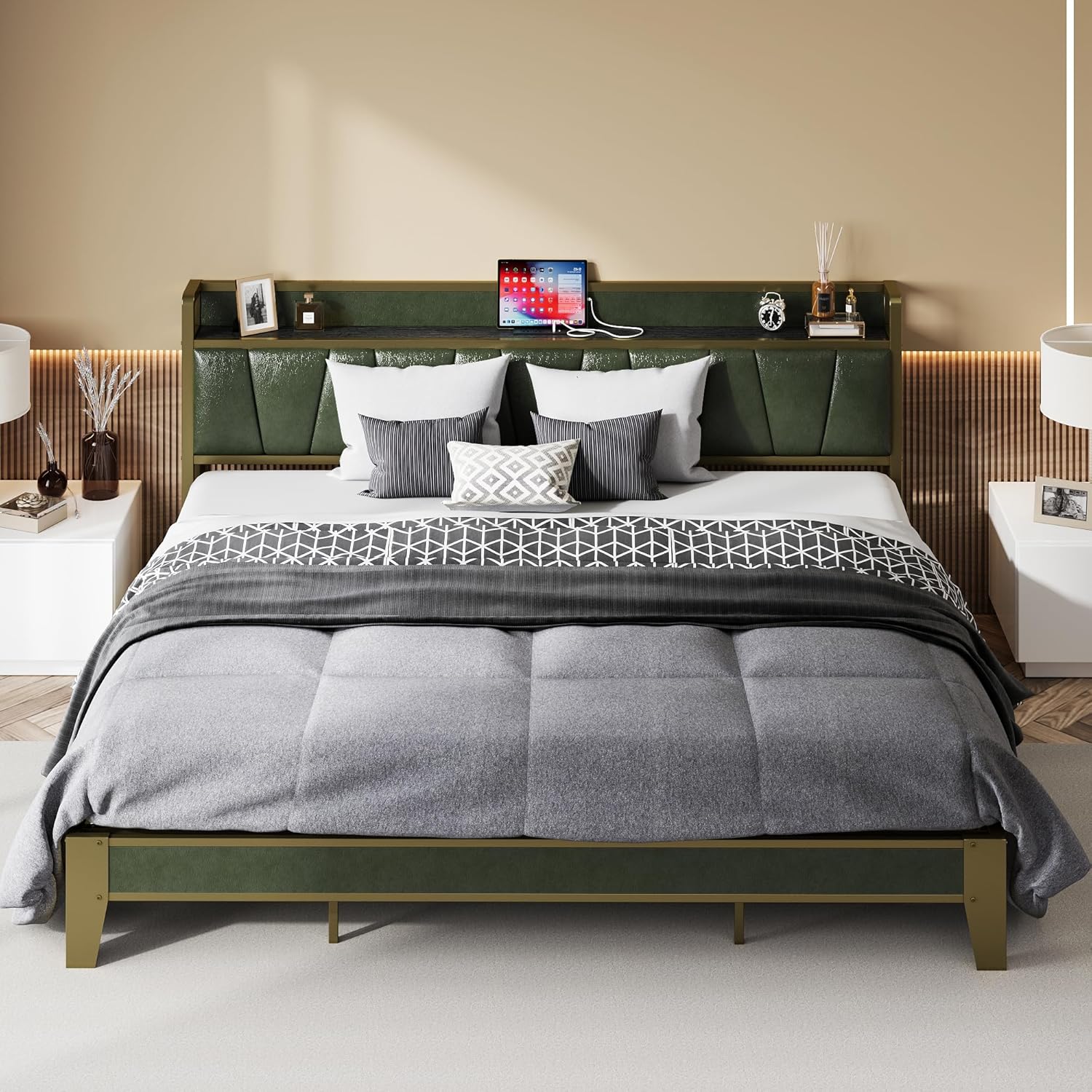 Likimio USAN1056421 74-in W Dark Green California King Bed Frame with Storage Headboard and Charging Station