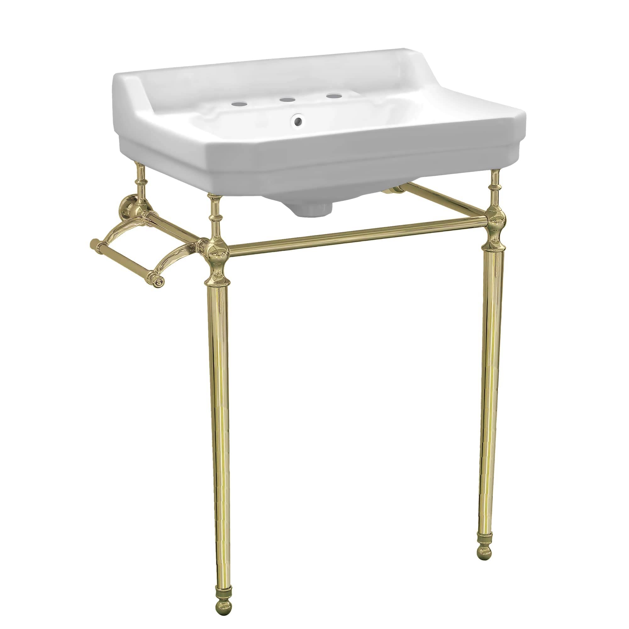 Whitehaus Collection Victoriahaus console with integrated rectangular bowl with widespread hole drill + Polished Brass leg support + interchangable towel bar + backsplash and overflow