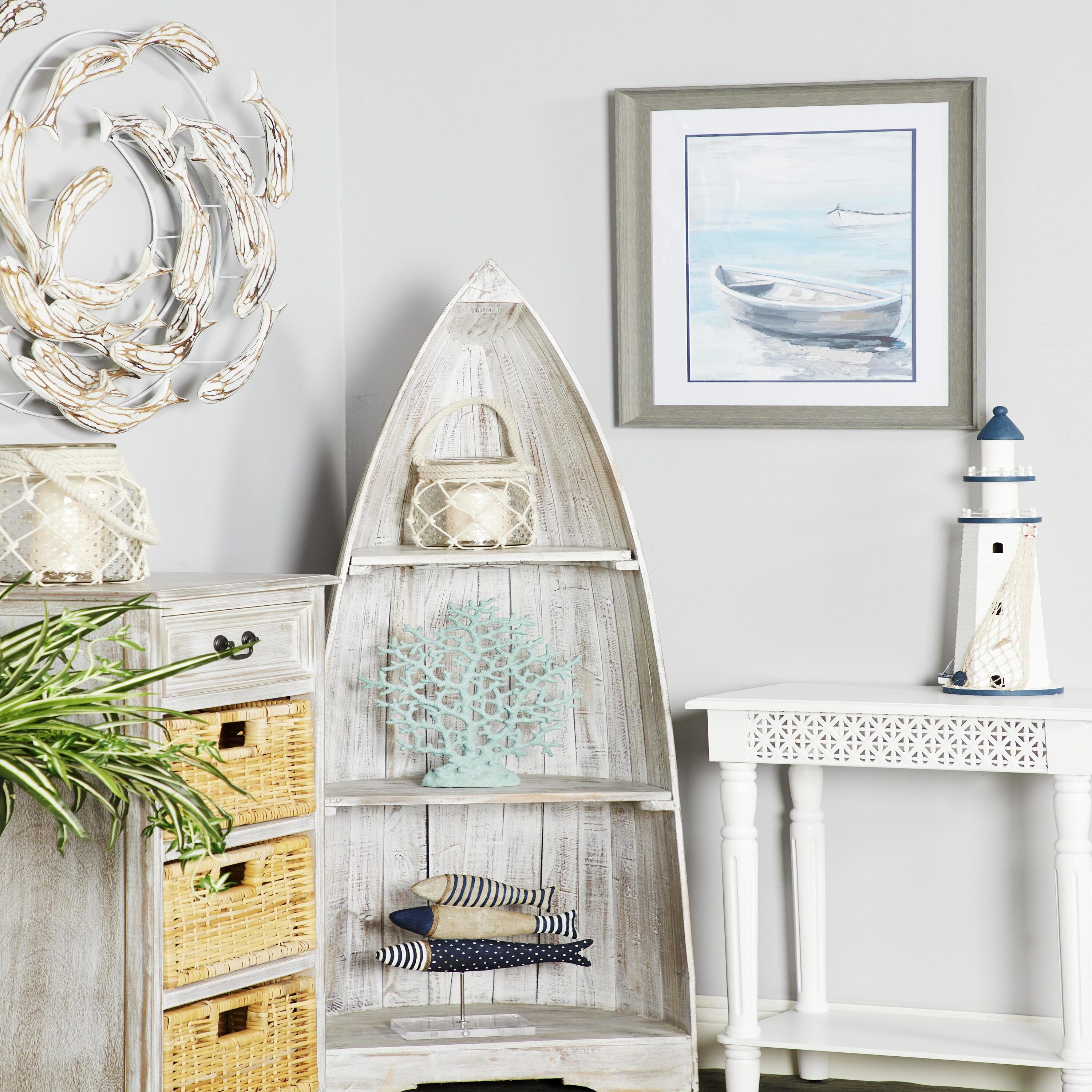 Grayson Lane 87788 Blue Gray Coastal Decor Row Boat Painting Print in a Rectangular Gray Wood Frame Gray Wood Framed 23.5-in H x 17.5-in W Coastal Wood Painting