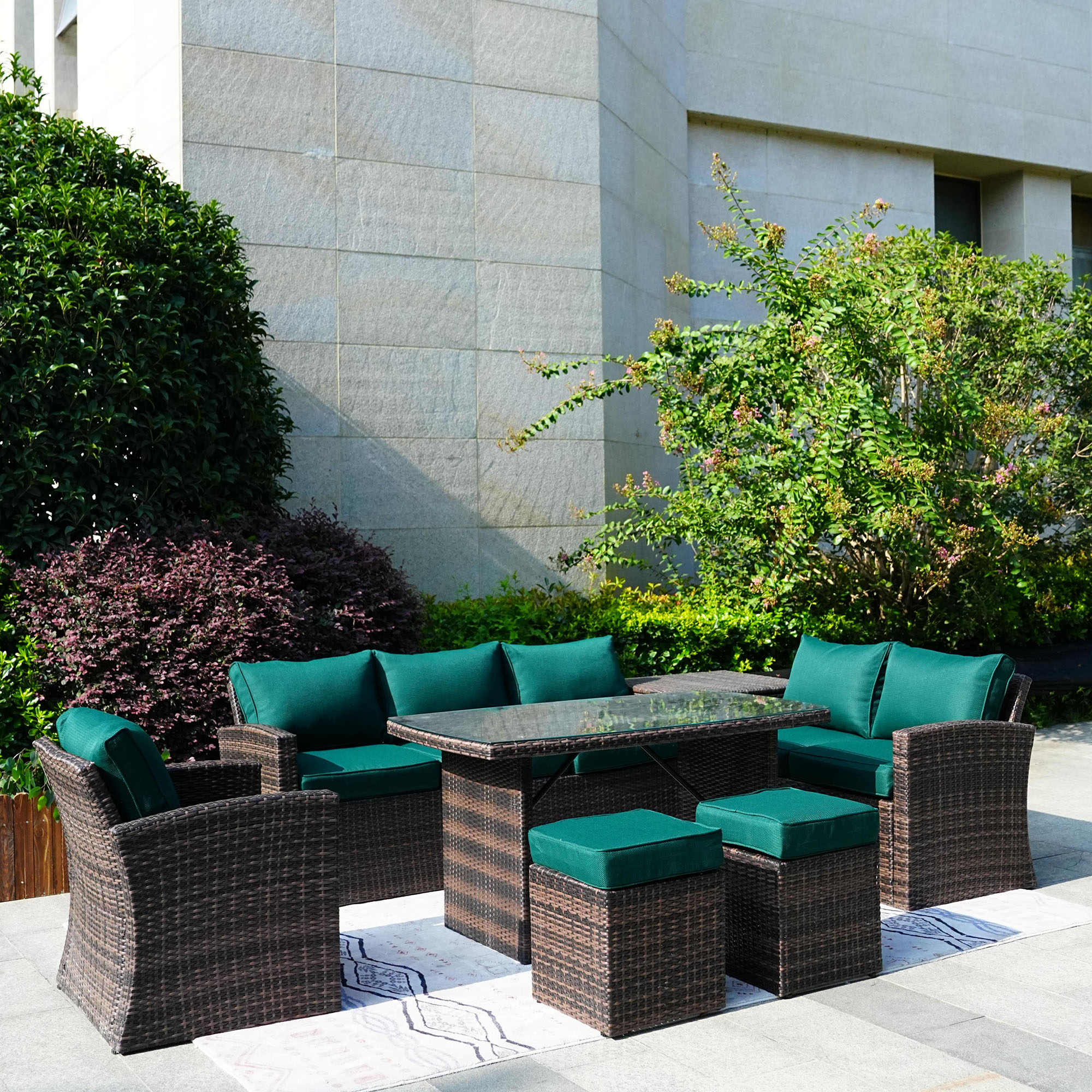 Direct Wicker 1403BGE Geo 7 -Piece Wicker Patio Sofa Conversation Set with Green Cushions