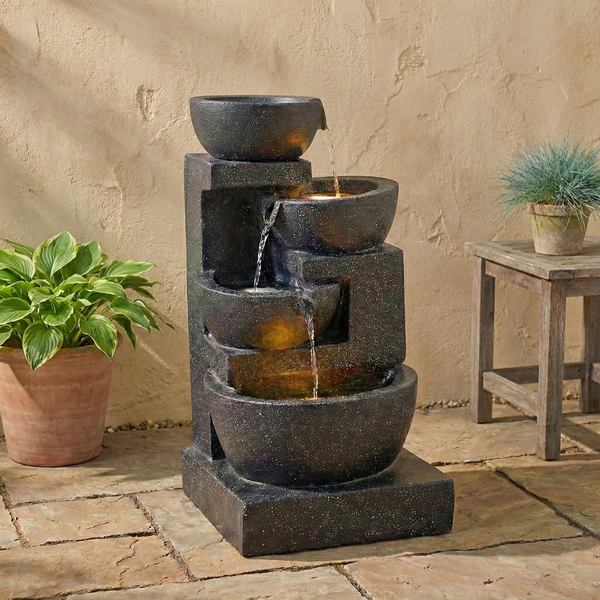 GDFStudio 29-Inch Terrazzo Style LED Outdoor Water Fountain 4-Tier Cascading Bowlsinch Stacked Stones for Garden Patio Serene Retreat