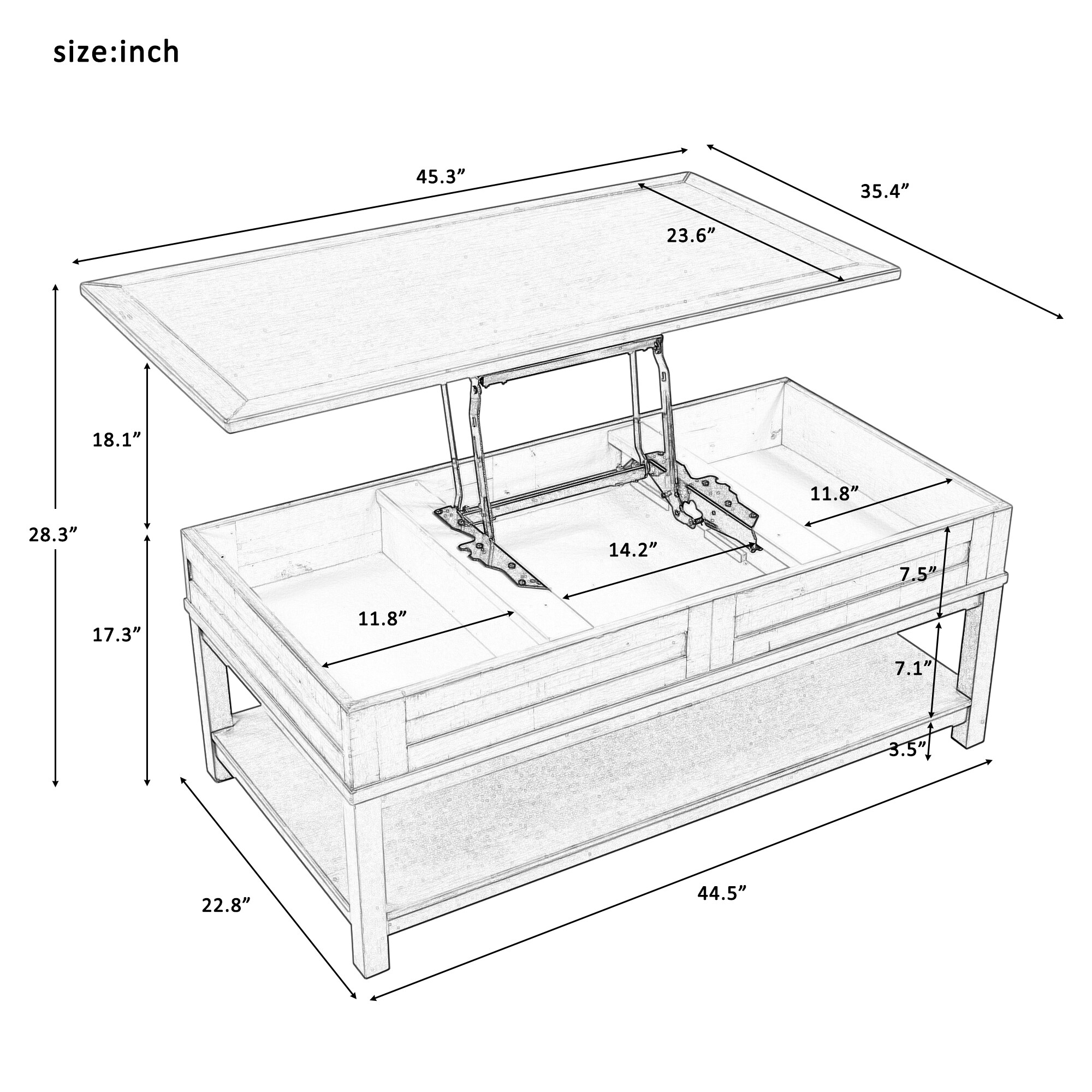 CASAINC Lift top coffee table Grey Pine Wood Modern Coffee Table in the ...