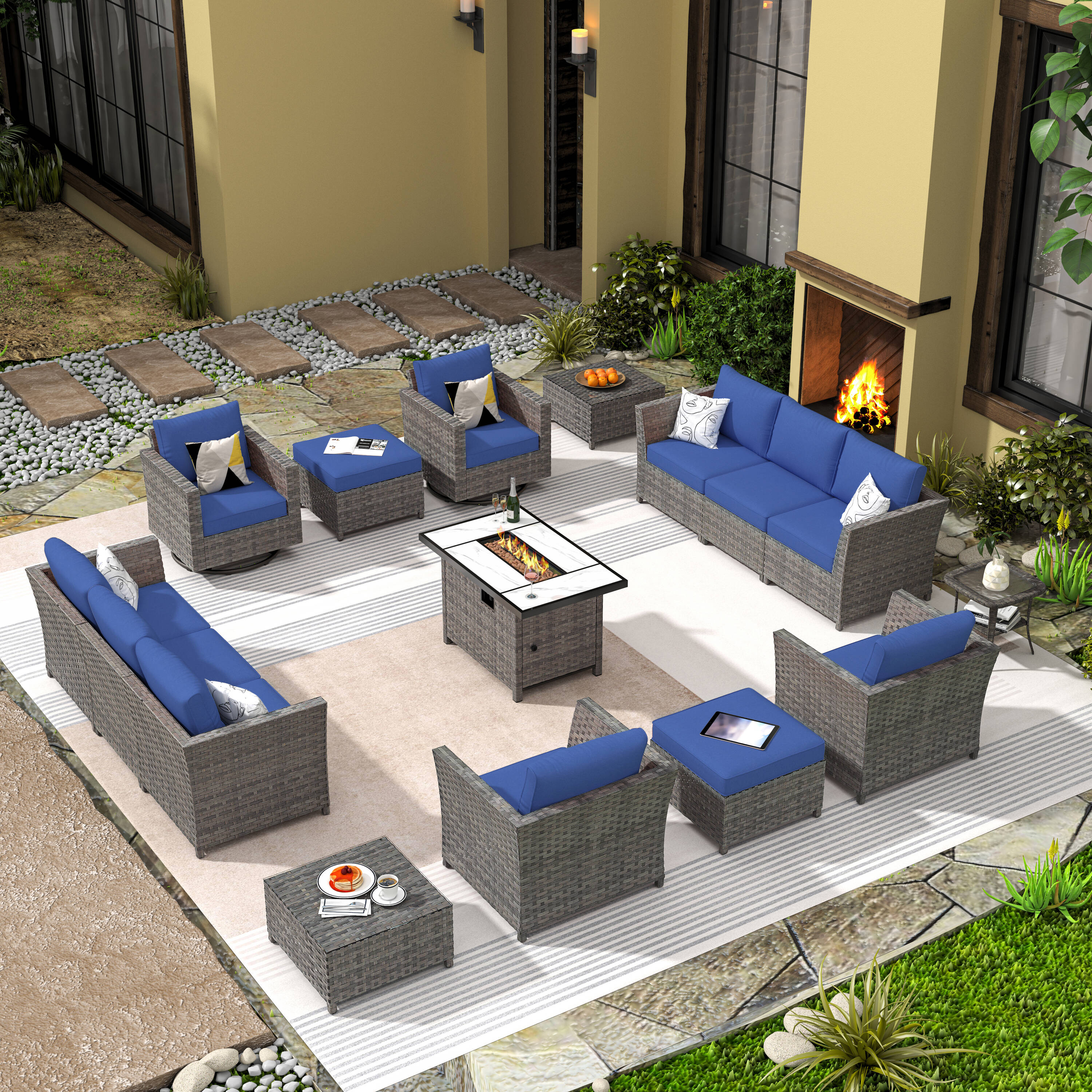 weaxty HMBCFPYZBRS7015 Omiga 16 -Piece Rattan Patio Conversation Set with Blue Cushions