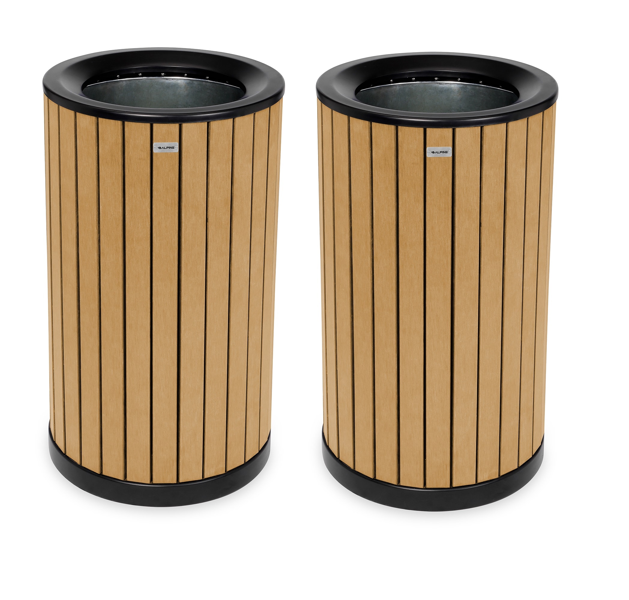Alpine Industries - 2-Pack 32 Gallon All-Weather Cedar Panel Steel Round Commercial Outdoor Trash...