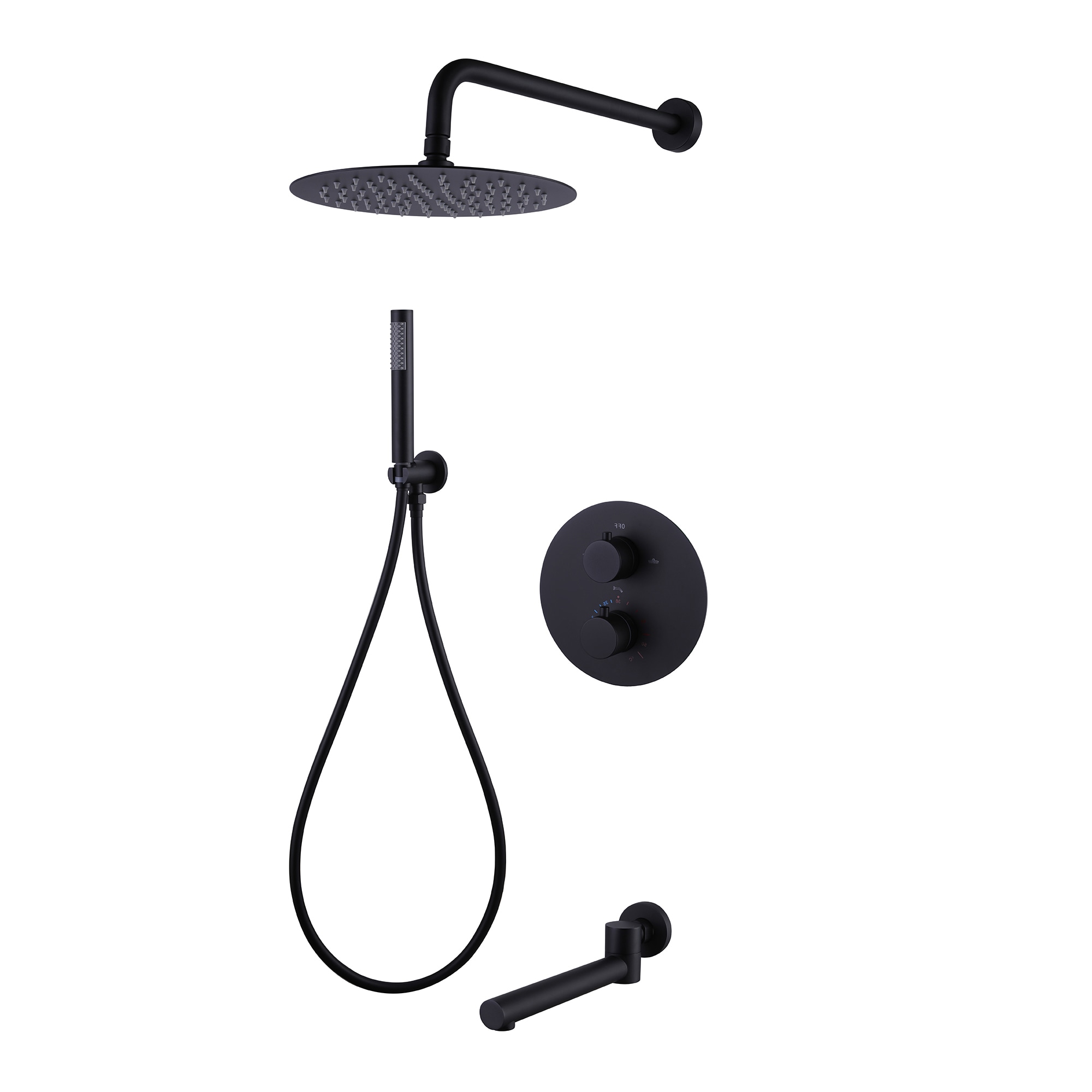 WELLFOR WB-0948 Matte black 10-Inches Dual Head Built-In Shower Faucet System with 3-way Diverter ( Thermostatic Valve Included )