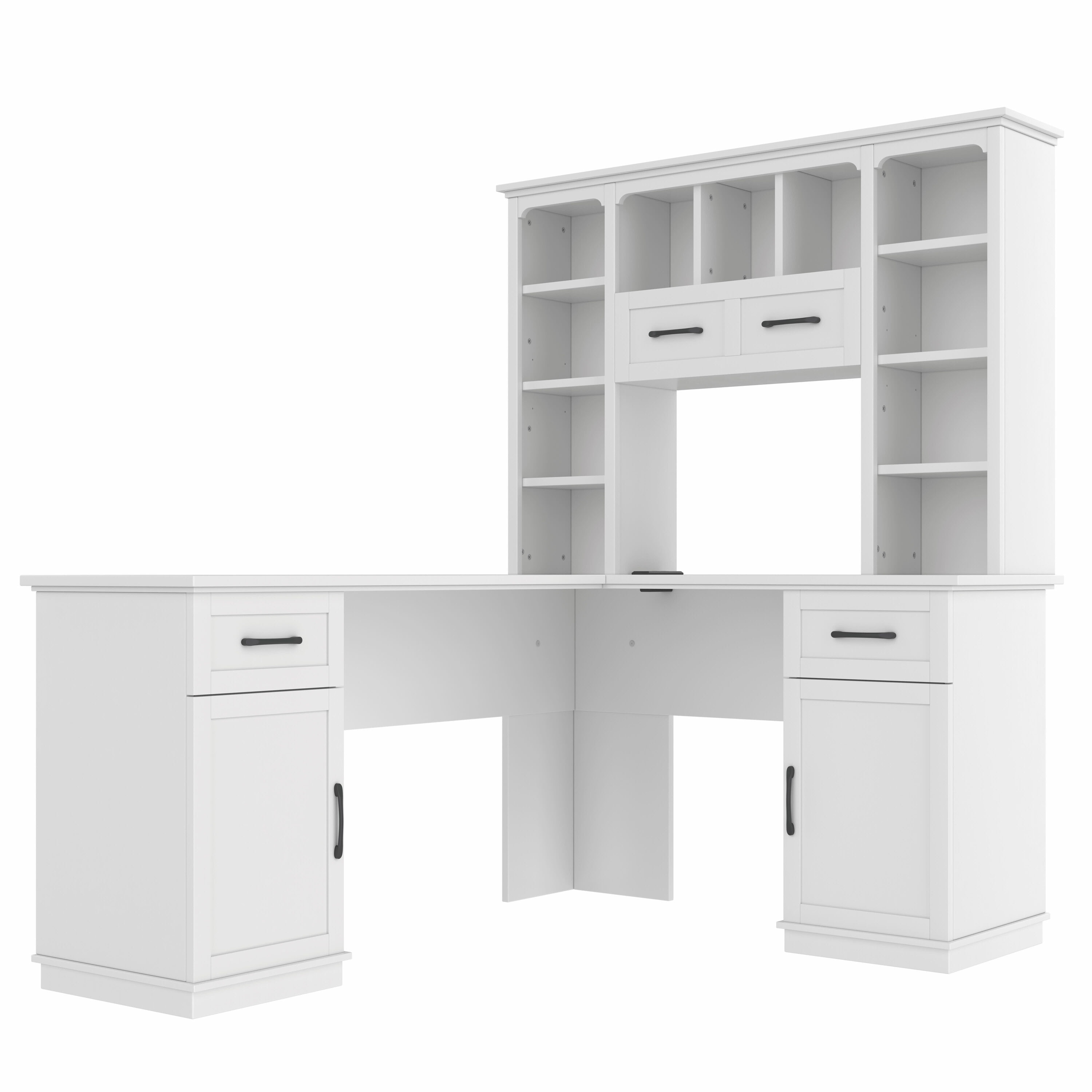 Vynxaria LESX1478-DJDK-ZZ028 L Shaped Computer Desk with Power Outlet 2 Cabinets 2 Drawers 11 Open Shelves Study Office Living Room Desk White