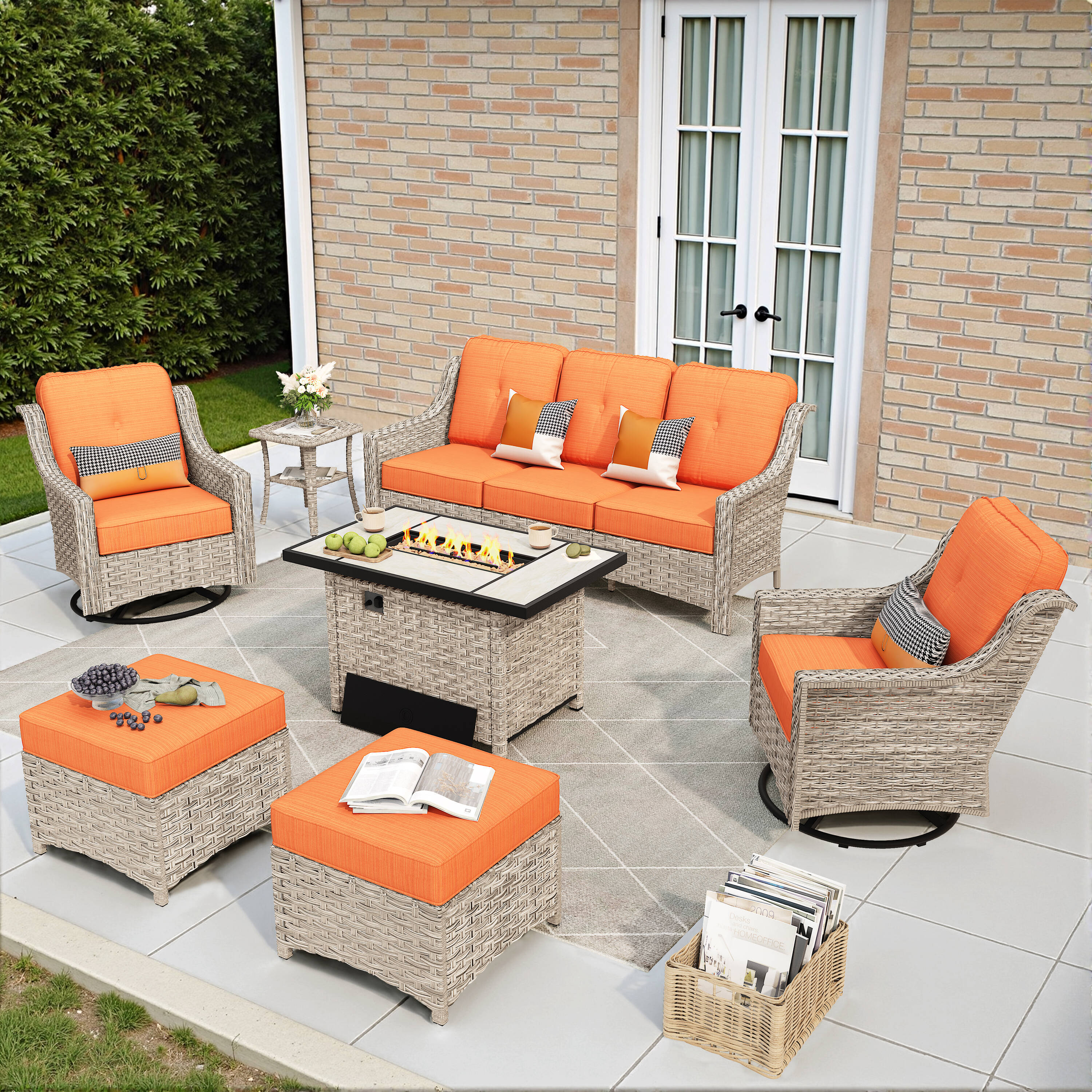weaxty HMBCFP-YZPAD8072 Aireno 7-Piece Rattan Patio Sofa Conversation Set with Orange Cushions