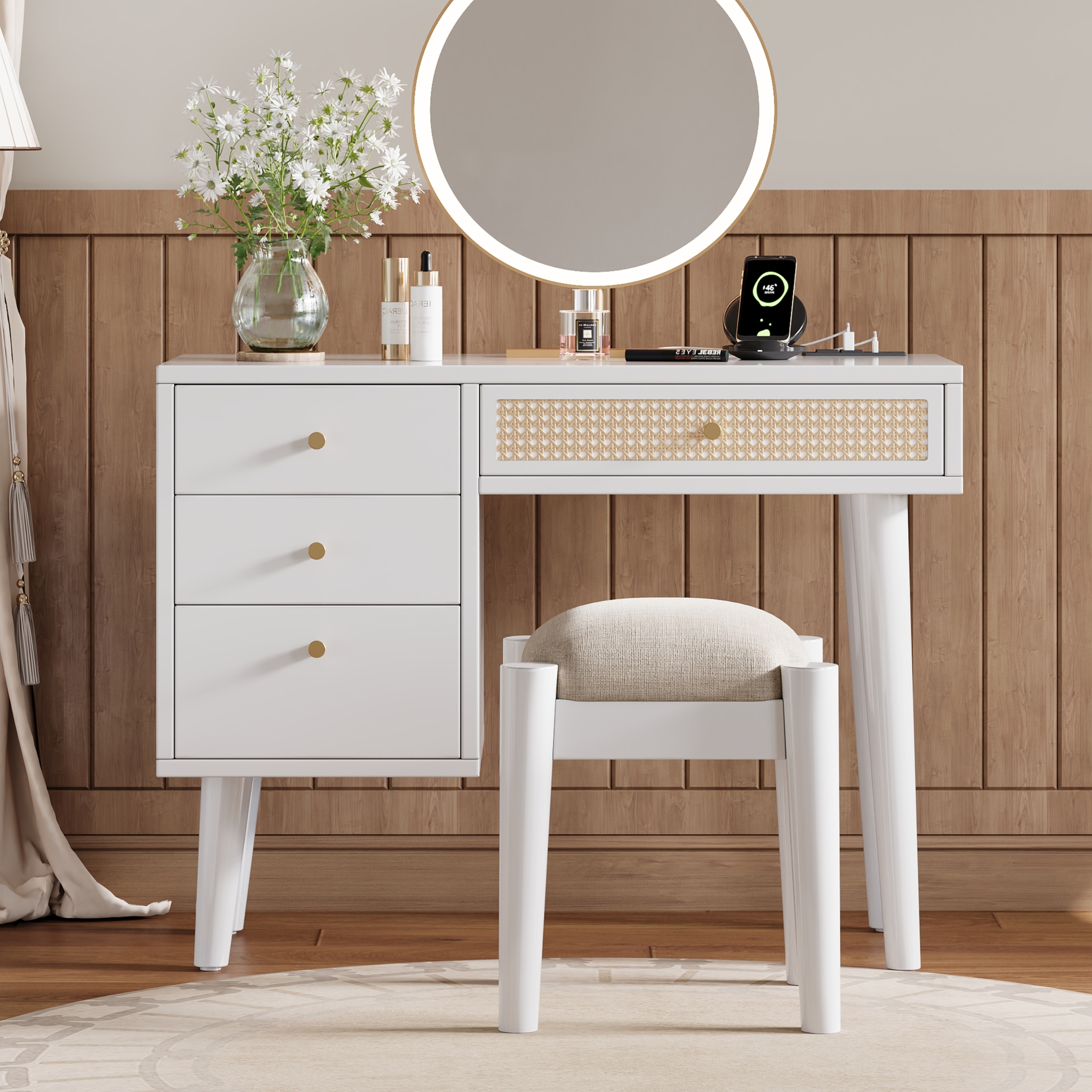 LOVMOR SF-R-N733P180011K 39 inch Retro Bohemian Style Wooden Makeup Vanity Set with Charging Plug and USB Port and Stool