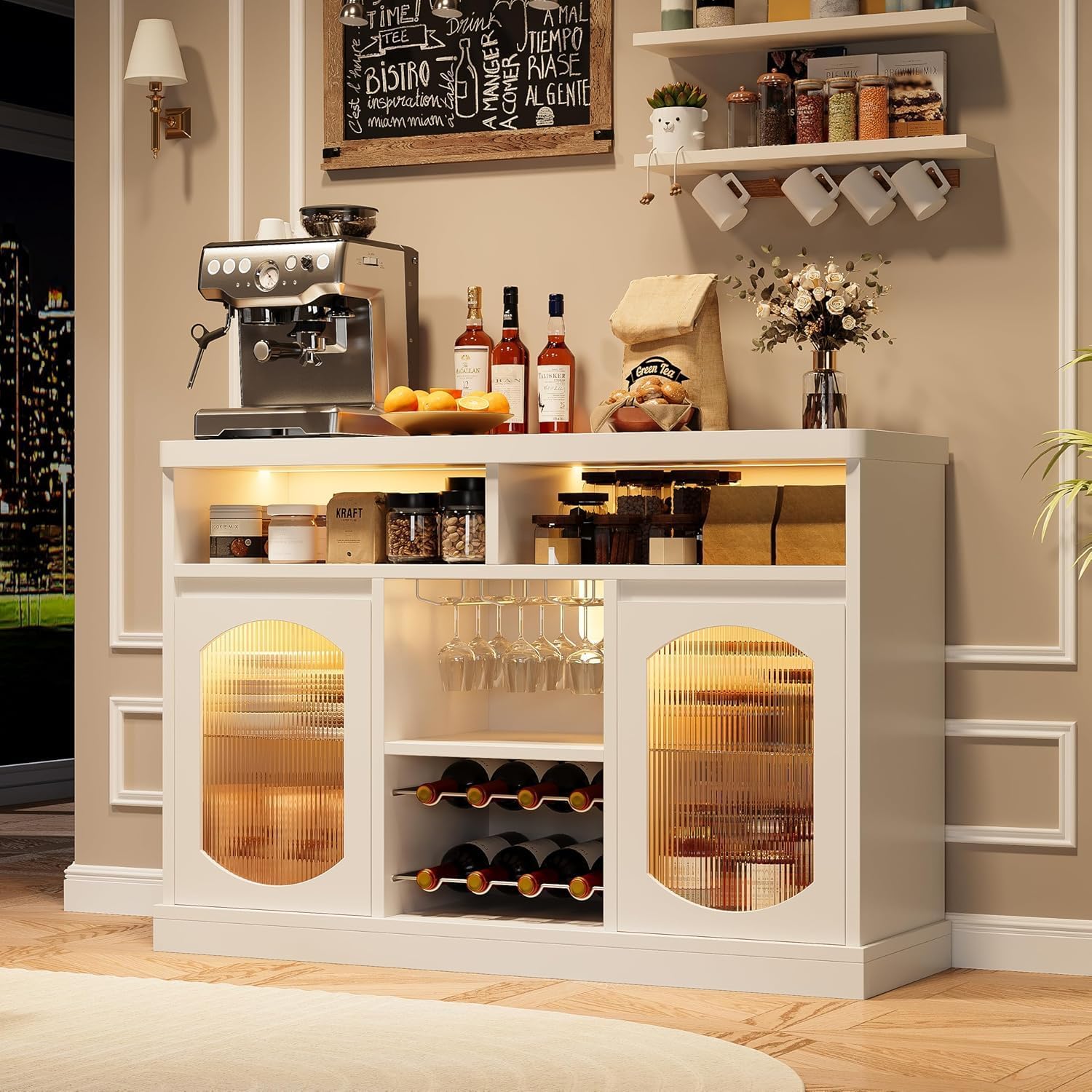 Qeetex Ample storage with 47 point 25 inches long by 15 point 55 inches wide by 34 point 45 inches high. Features 47 inch countertop four open compartments and two enclosed cabinets with adjustable shelves for versatile organization #AWEPHO13LBIWHT