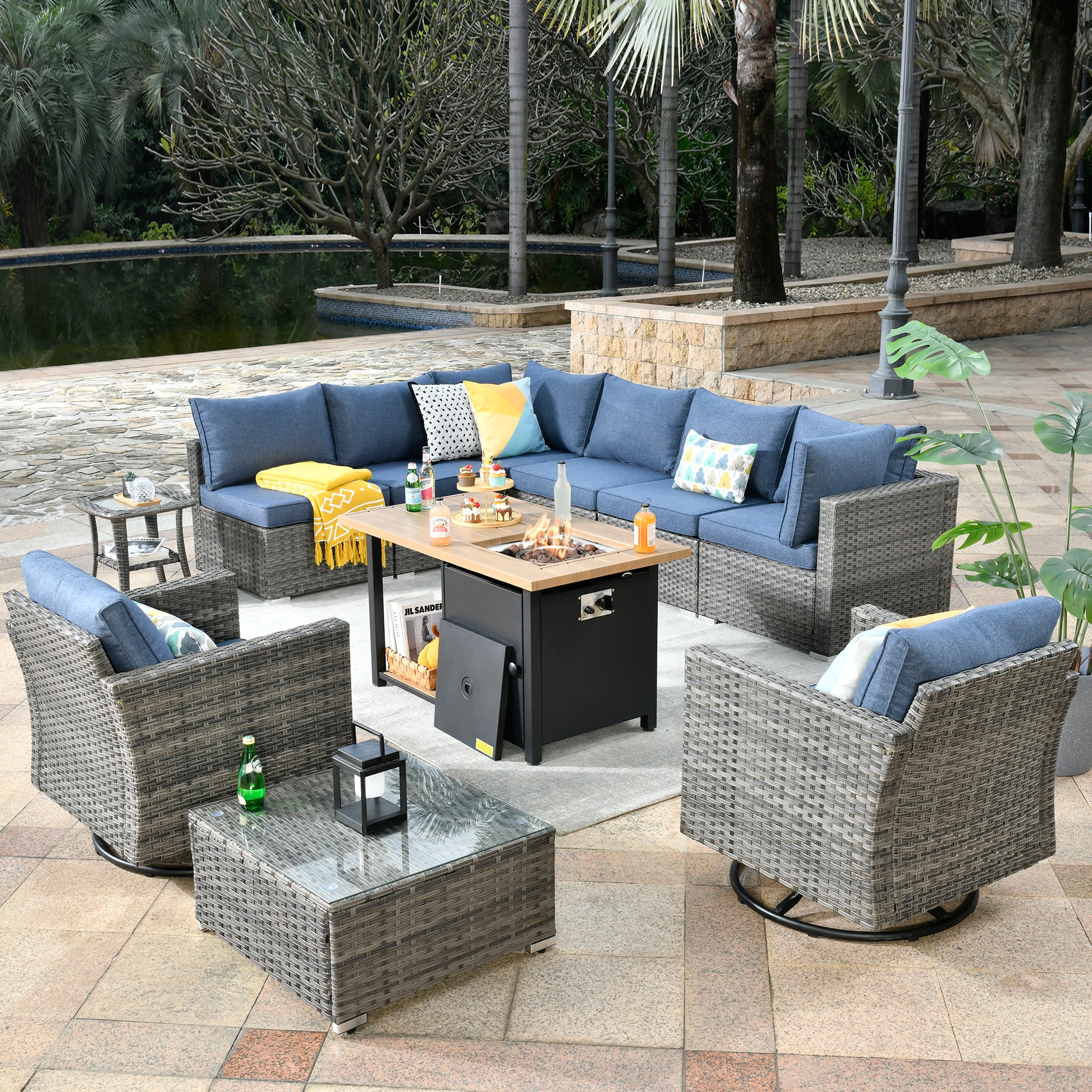 weaxty DCFP03RRSGNTC3011 11-Piece Rattan Patio Conversation Set with Blue Cushions