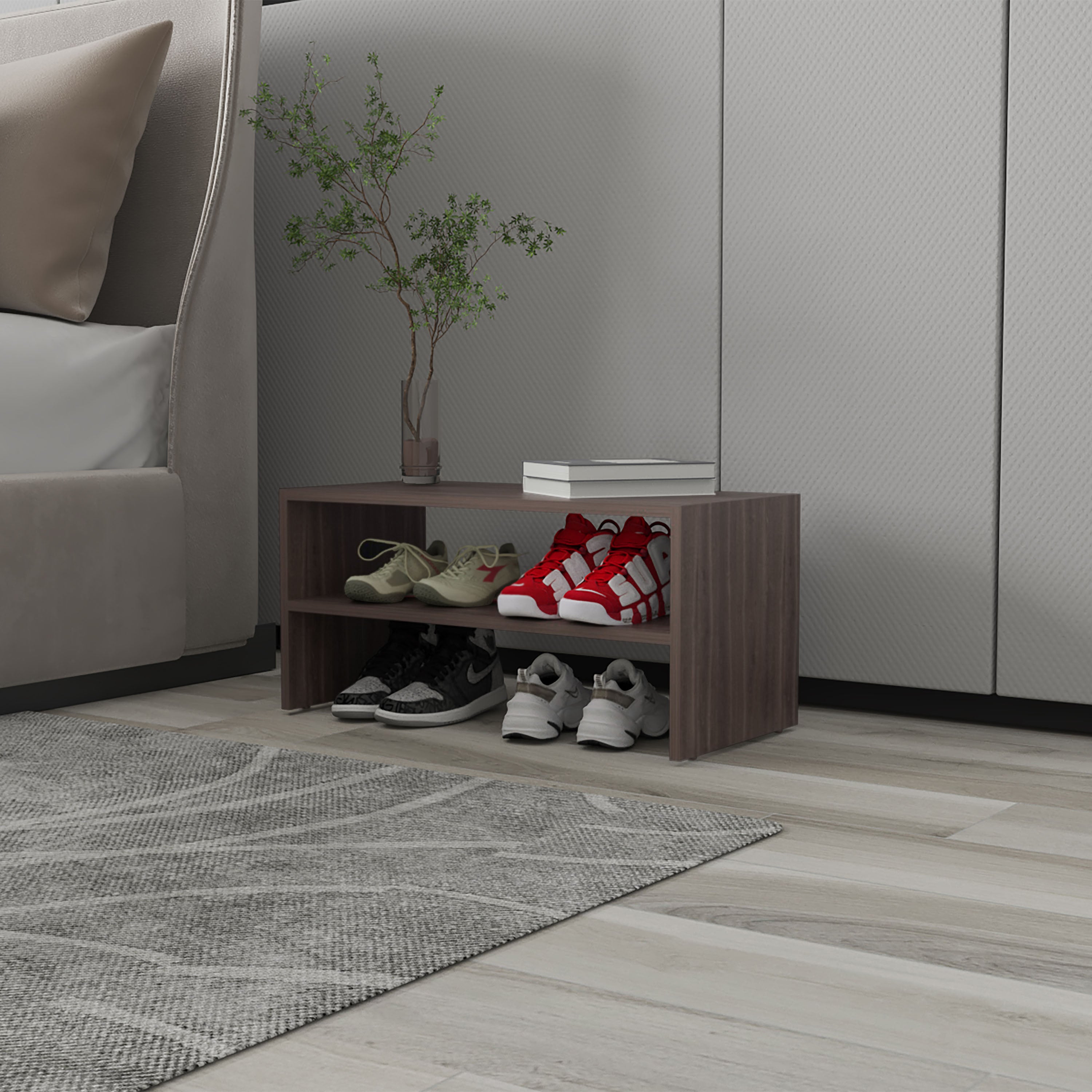 LUXEYARD Gray Walnut Shoe Rack with 2 Shelves