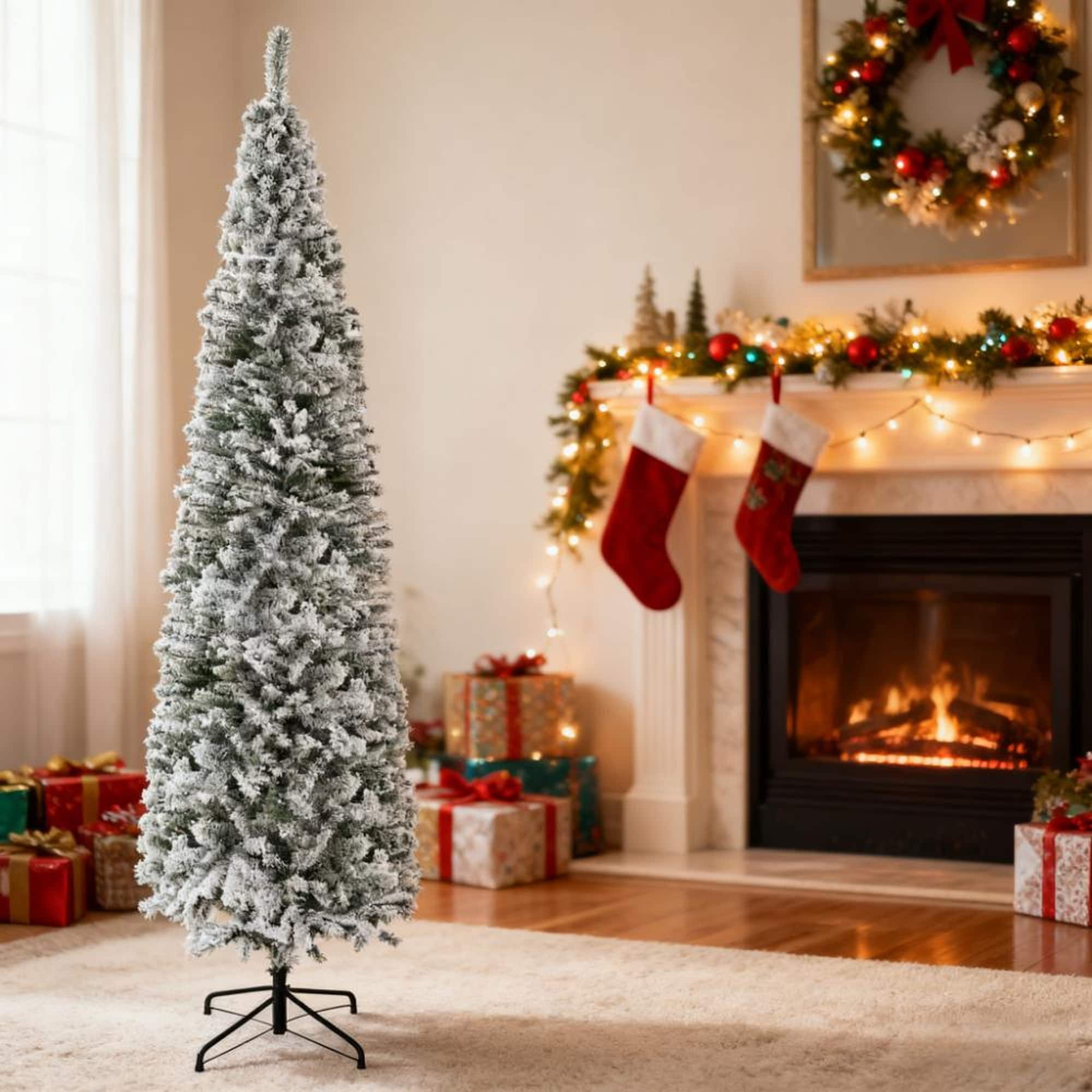 Vorene 9-ft Flocked Pencil Artificial Christmas Tree with Faux Snow Indoor Holiday Decor