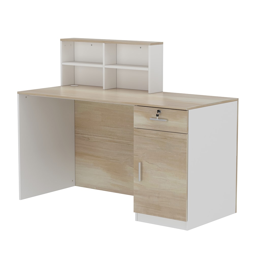  V-KF250004-01 Modern L Shaped Reception Desk with Lockable Drawer and Open Shelves Ideal Front Counter Table for Salon Retail Checkout or Office Use in White