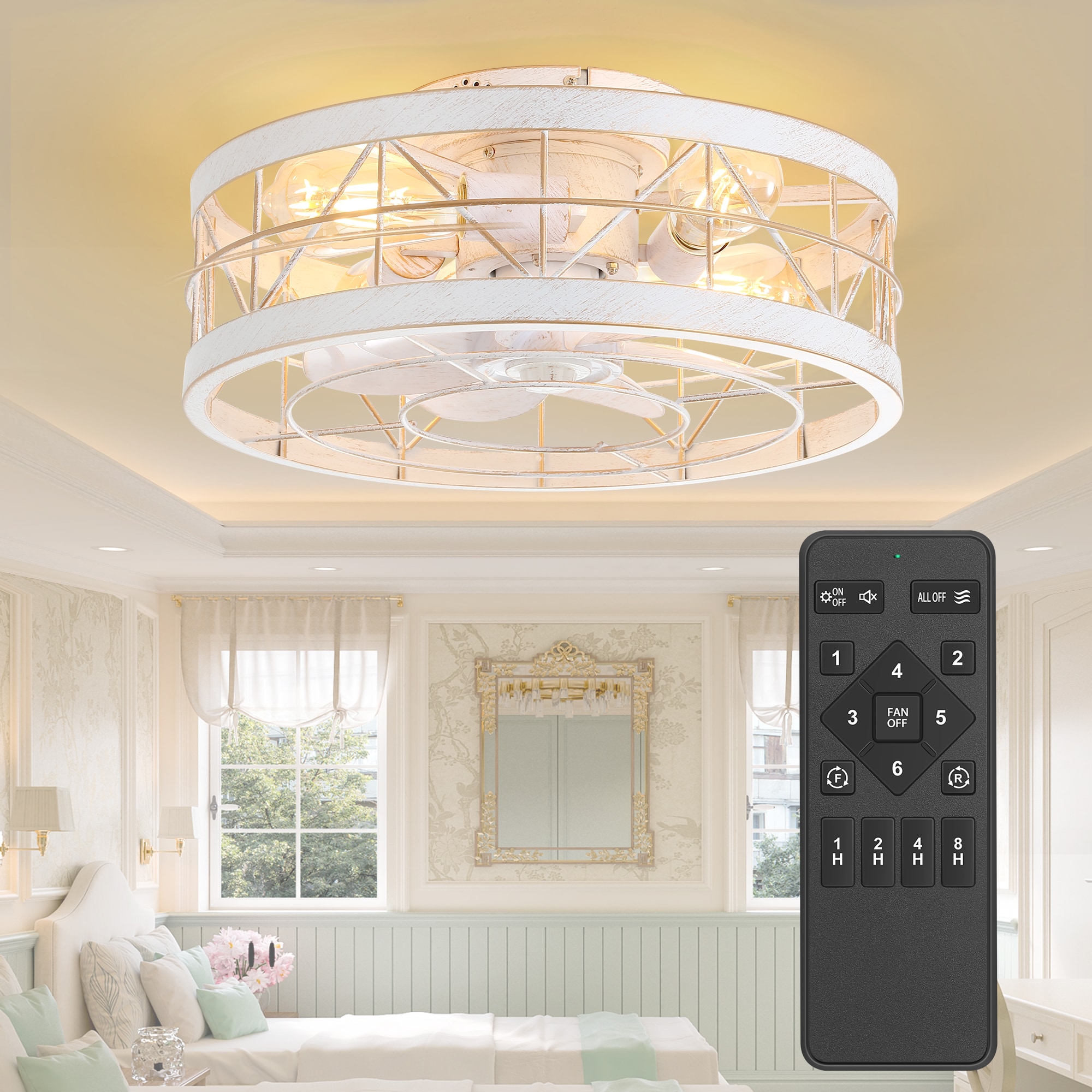 Breezary 35002-WG Caged/KD Version 20-in Flush Mount Distressed White and Gold with White Blades Fandelier Ceiling Fan With Light - Remote Included ( 7 -Blade )