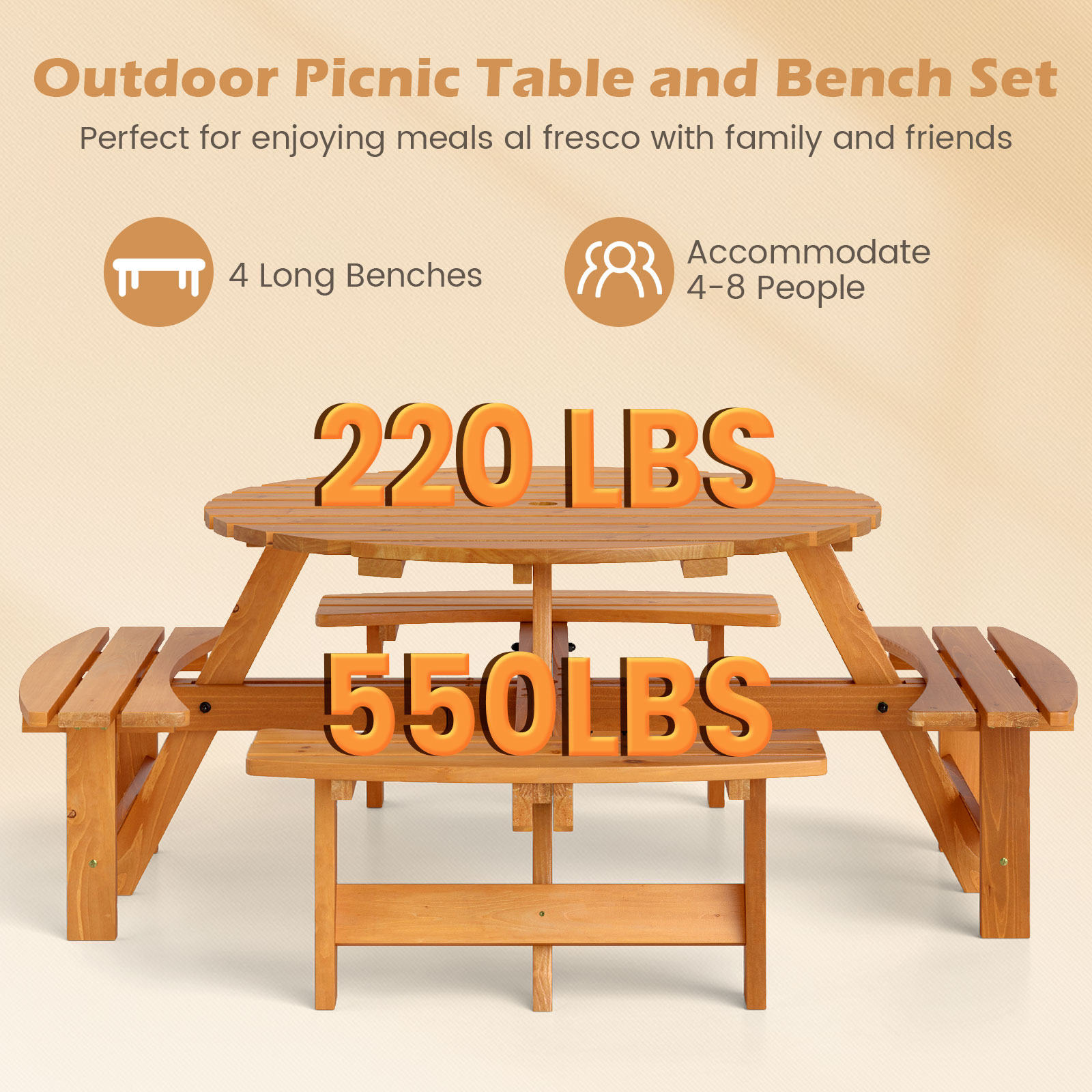 Volenca 44-in Round 8-Person Fir Wood Patio Picnic Table Set with 4 ...