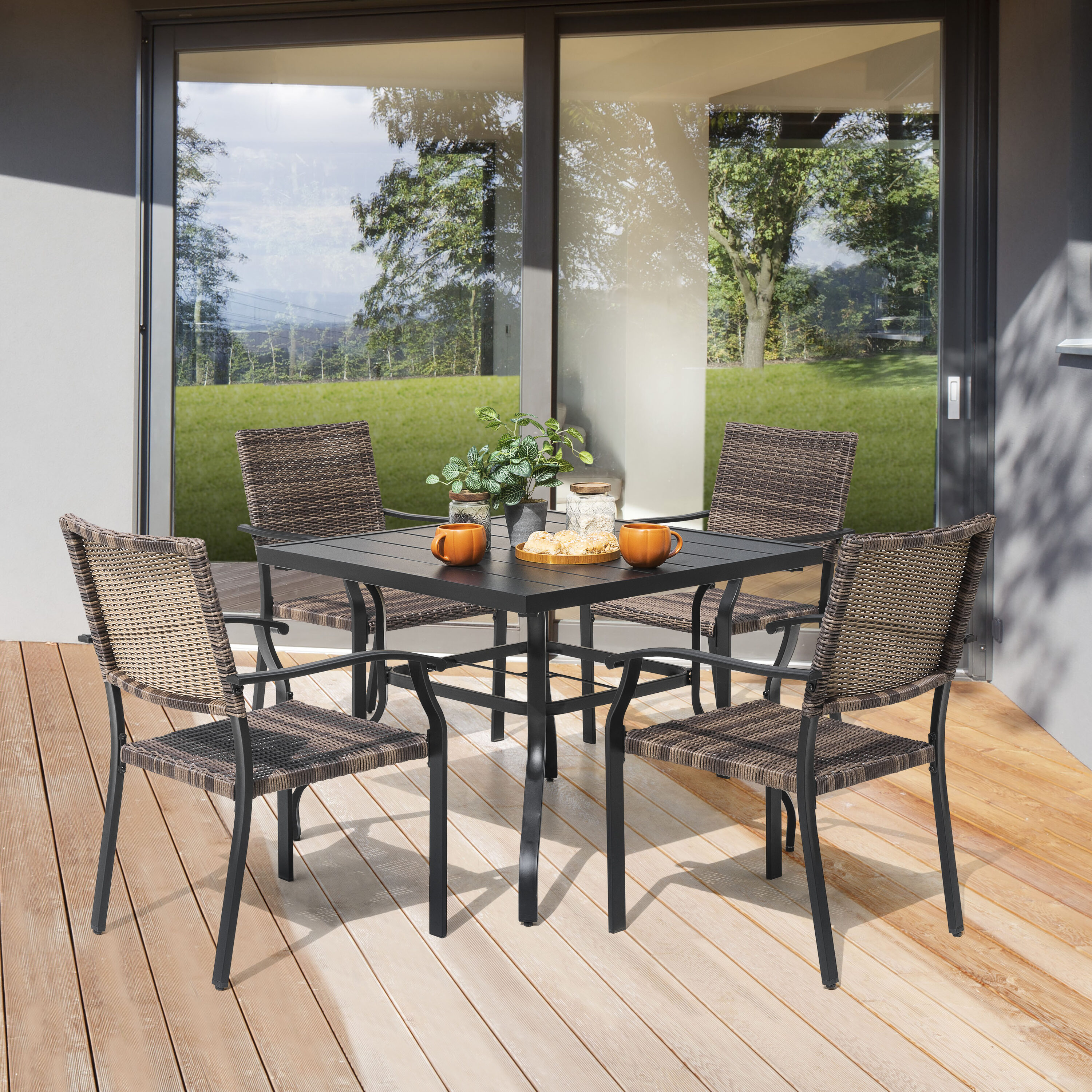 Black Iron Square Table with Mixed Wicker Chairs Outdoor Dining Set
