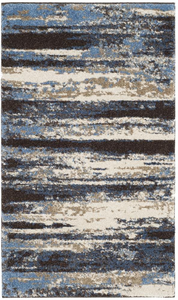 Cream & Blue Abstract Shag Synthetic Area Rug - 3' x 5'