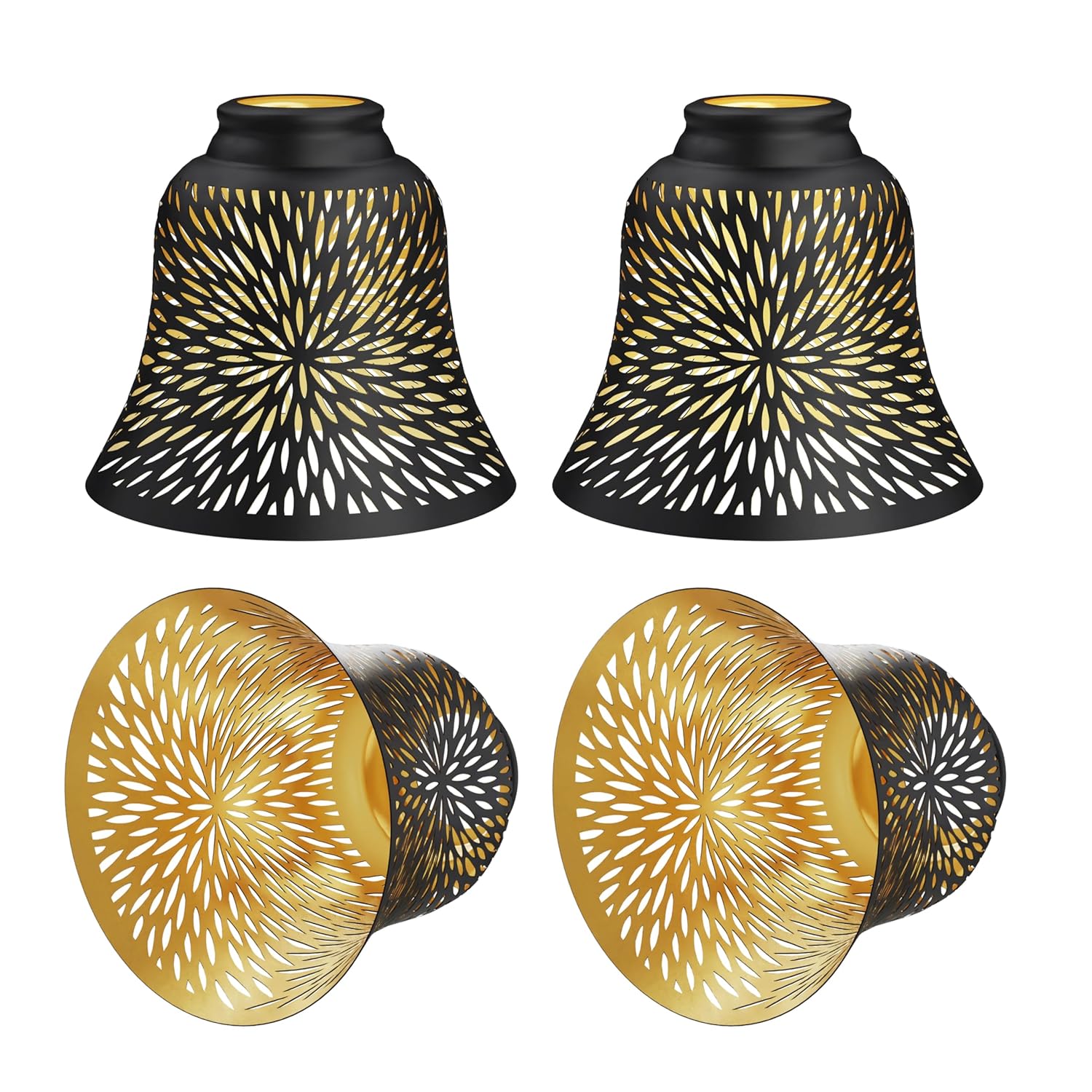 Alucset Metal Bell Lamp Shades 4-Pack with 2.28 Inch Fitter 6 Inch Diameter 5.12 Inch Height Daisy Etched Black and Gold Finish for Ceiling Fans Chandeliers and Wall Sconces