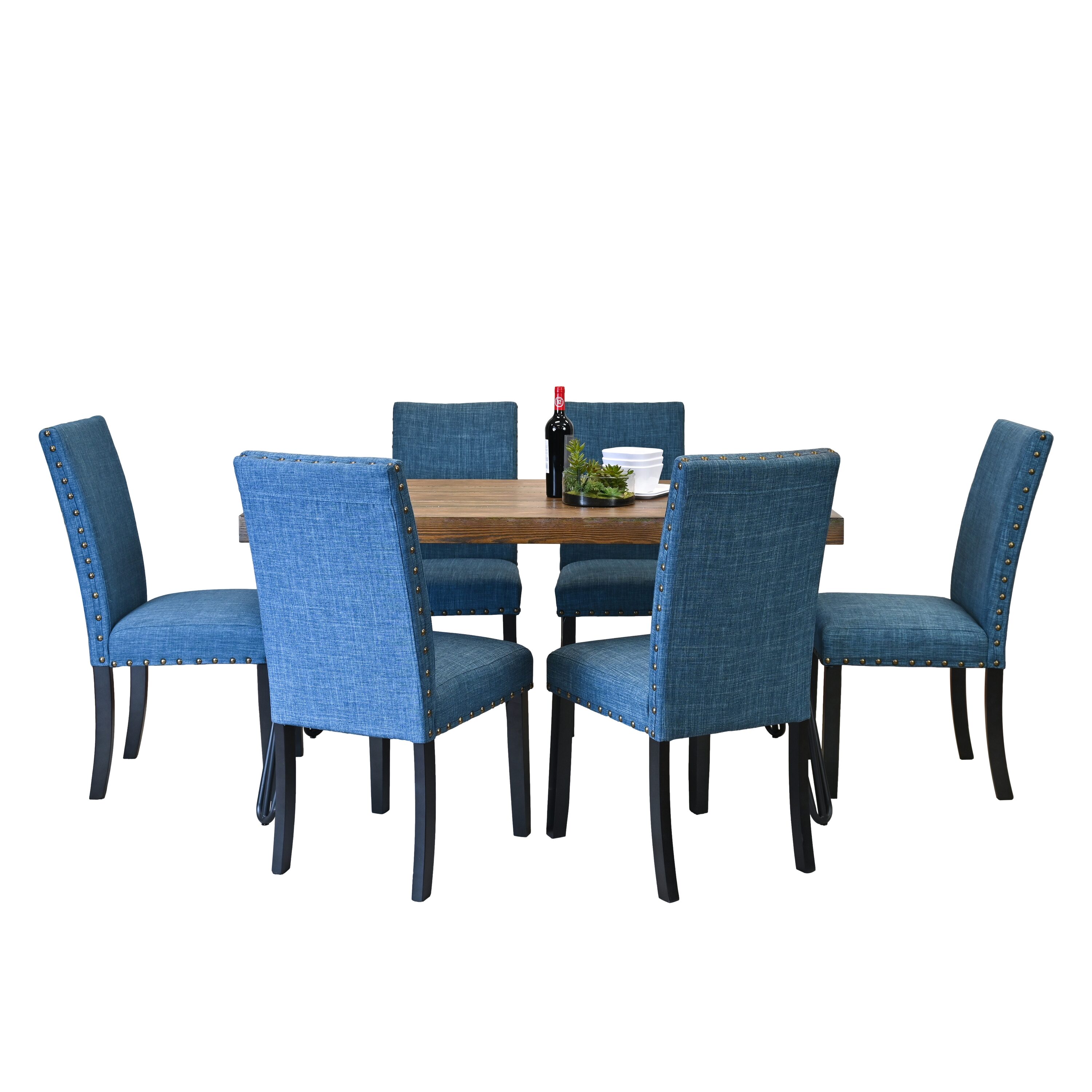 Roundhill Furniture T8741-C162BUX3 Amisos 7 Blue Casual Dining Room Set with Rectangular Table ( Seats 6 )