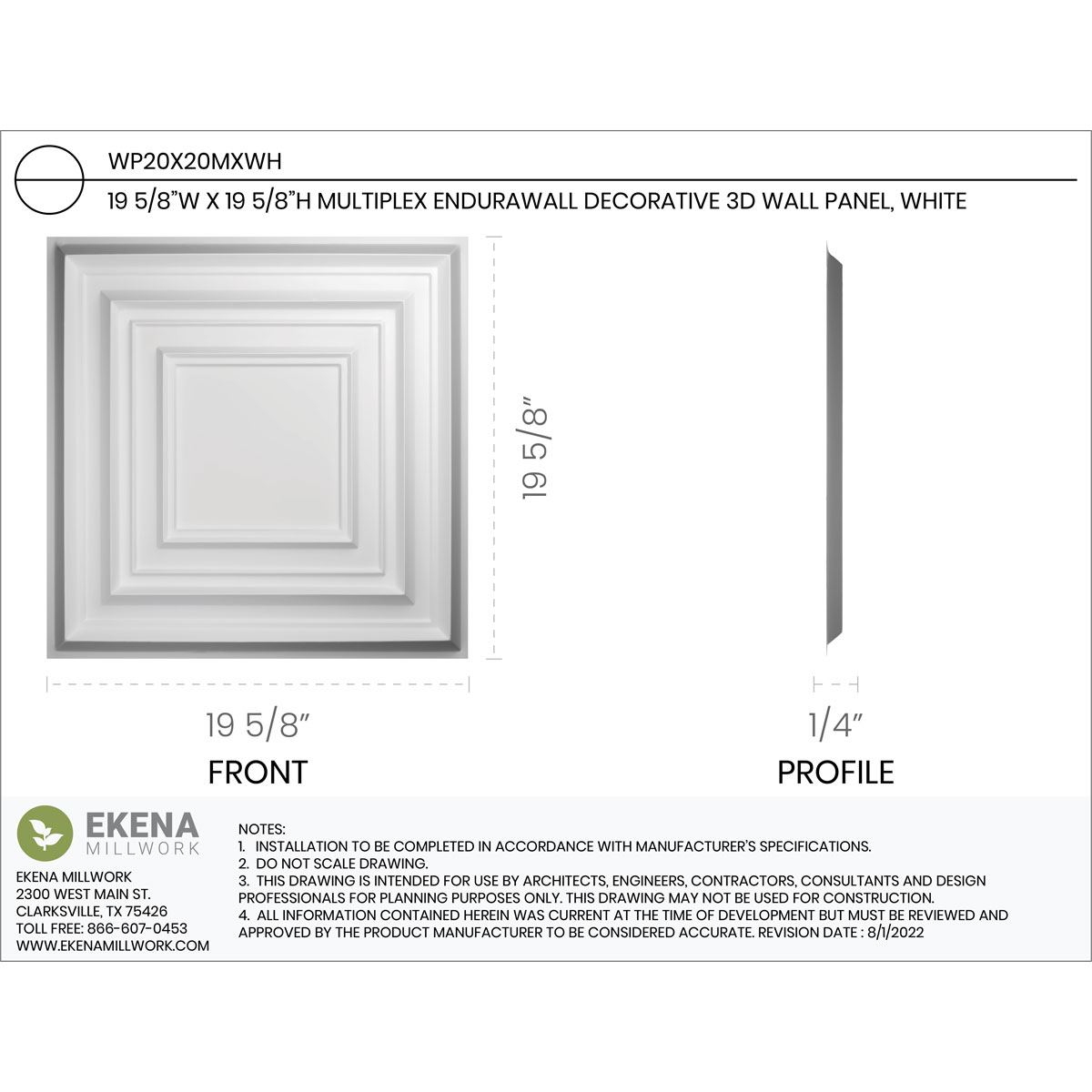Ekena Millwork WP20X20MXWH-CASE-50 Wall-Panels - View #2