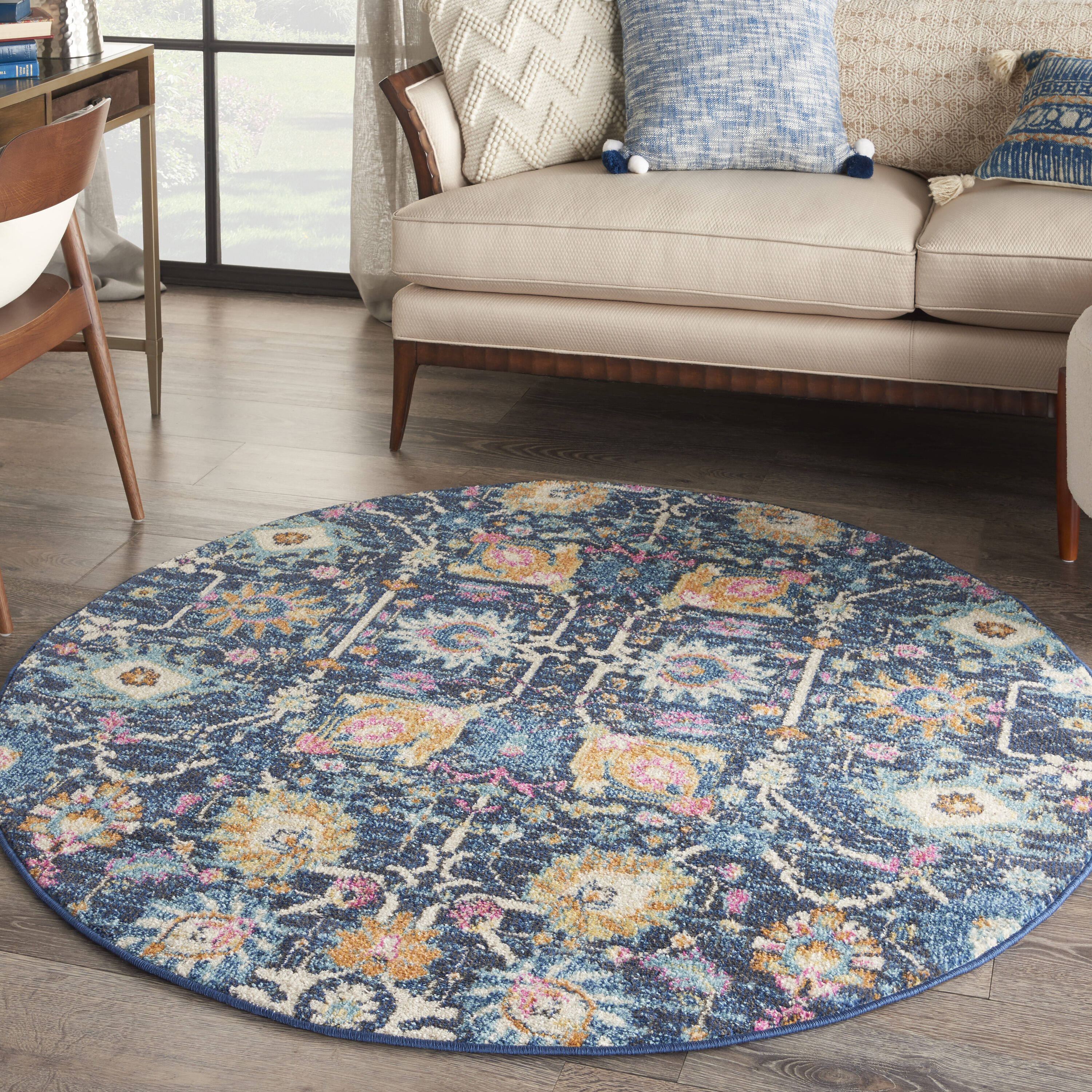 Nourison 099446809223 Passion 4 x 4 (ft) Loomed Polypropylene Navy Round Indoor Floral/Botanical Bohemian/Eclectic Area rug