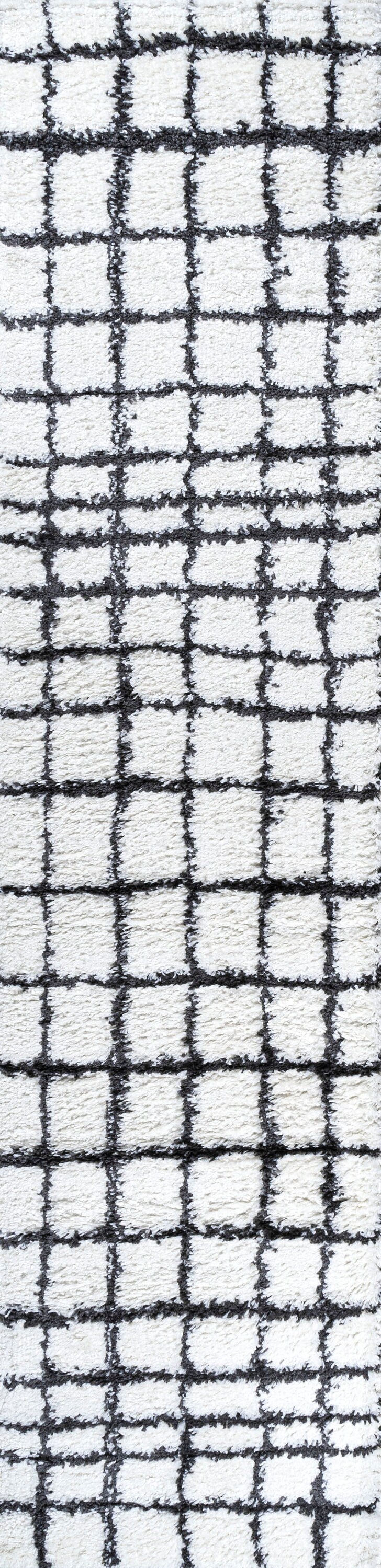 Ivory and Black Moroccan-Inspired Geometric Shag Rug