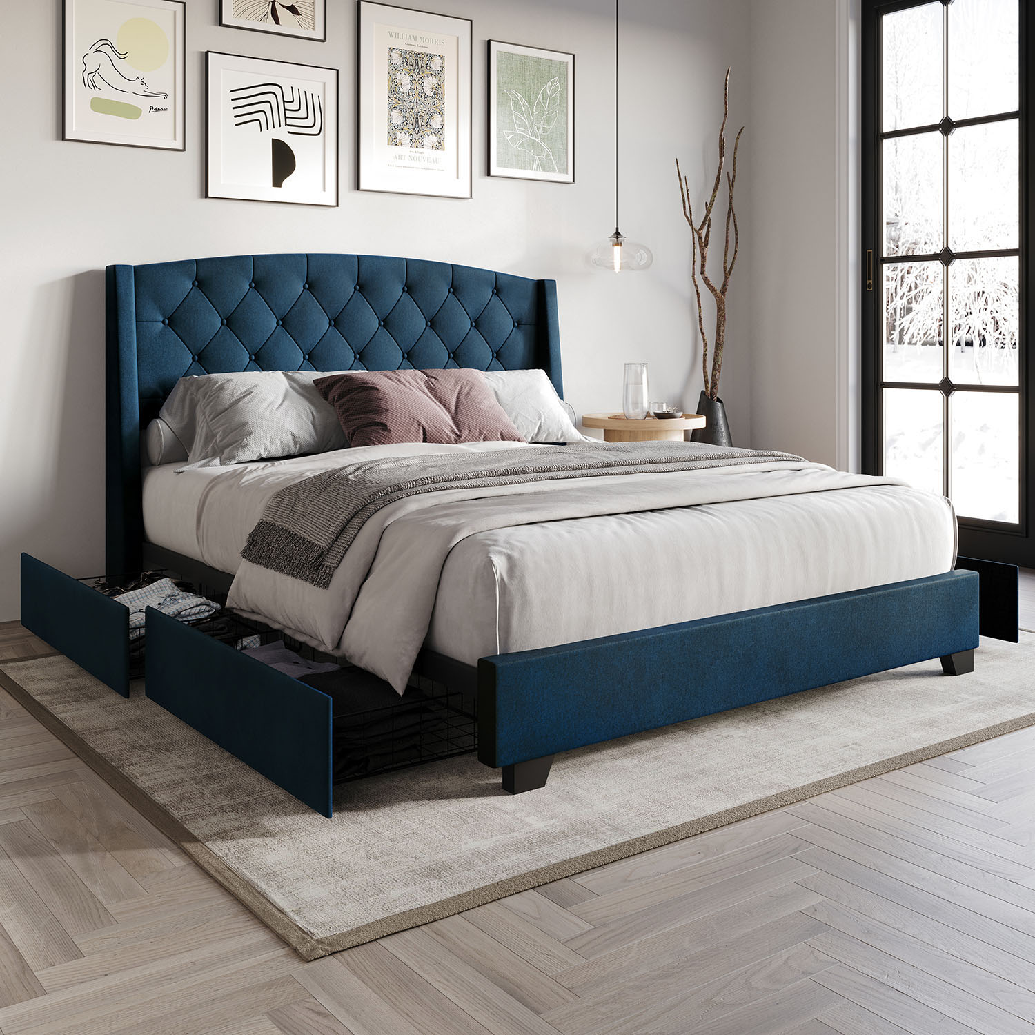 CasePiece C8531KPLS-NBL-VV Navy Blue King Wood Platform Bed with Storage