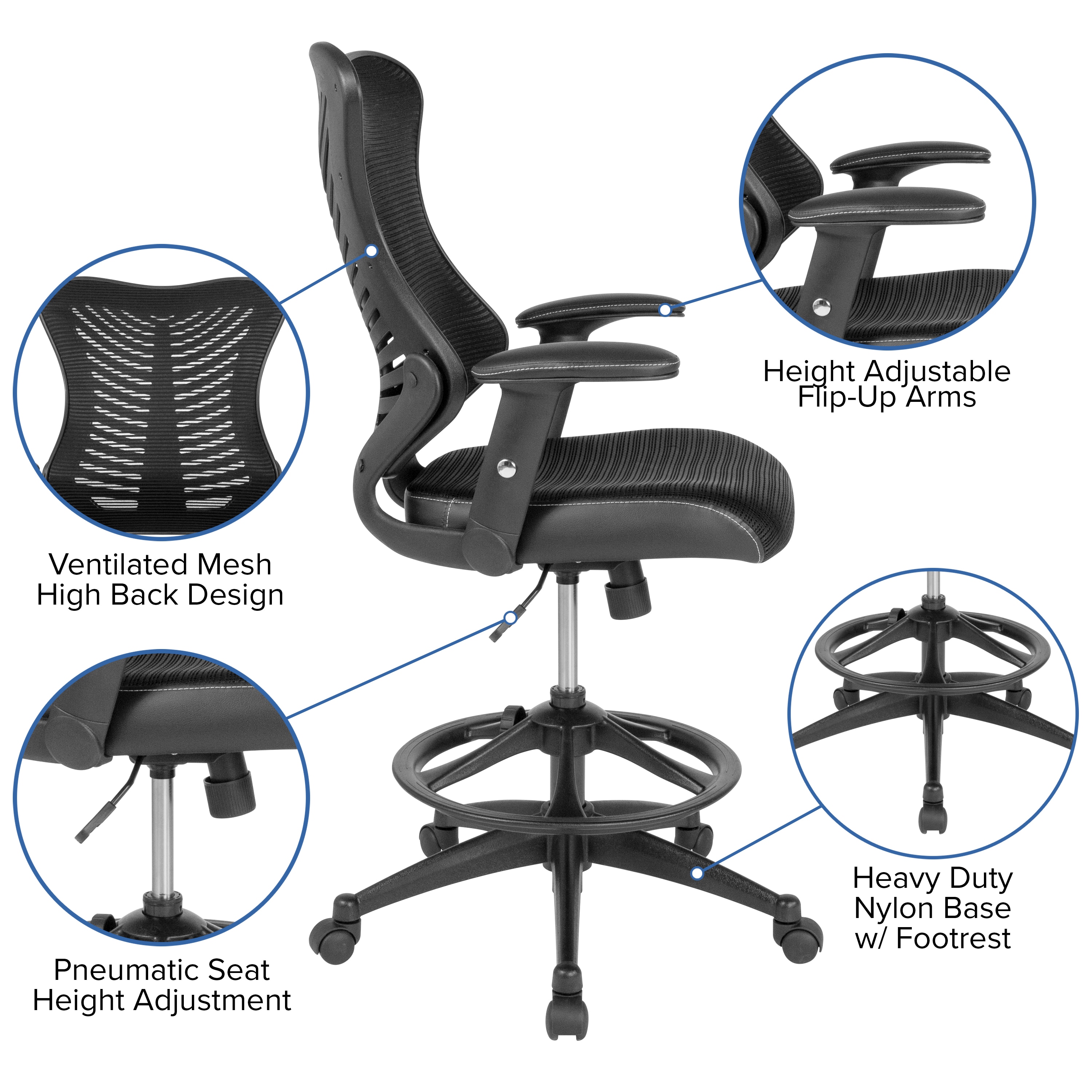 Ergonomic High Back Black Mesh Drafting Chair with Leather Accents
