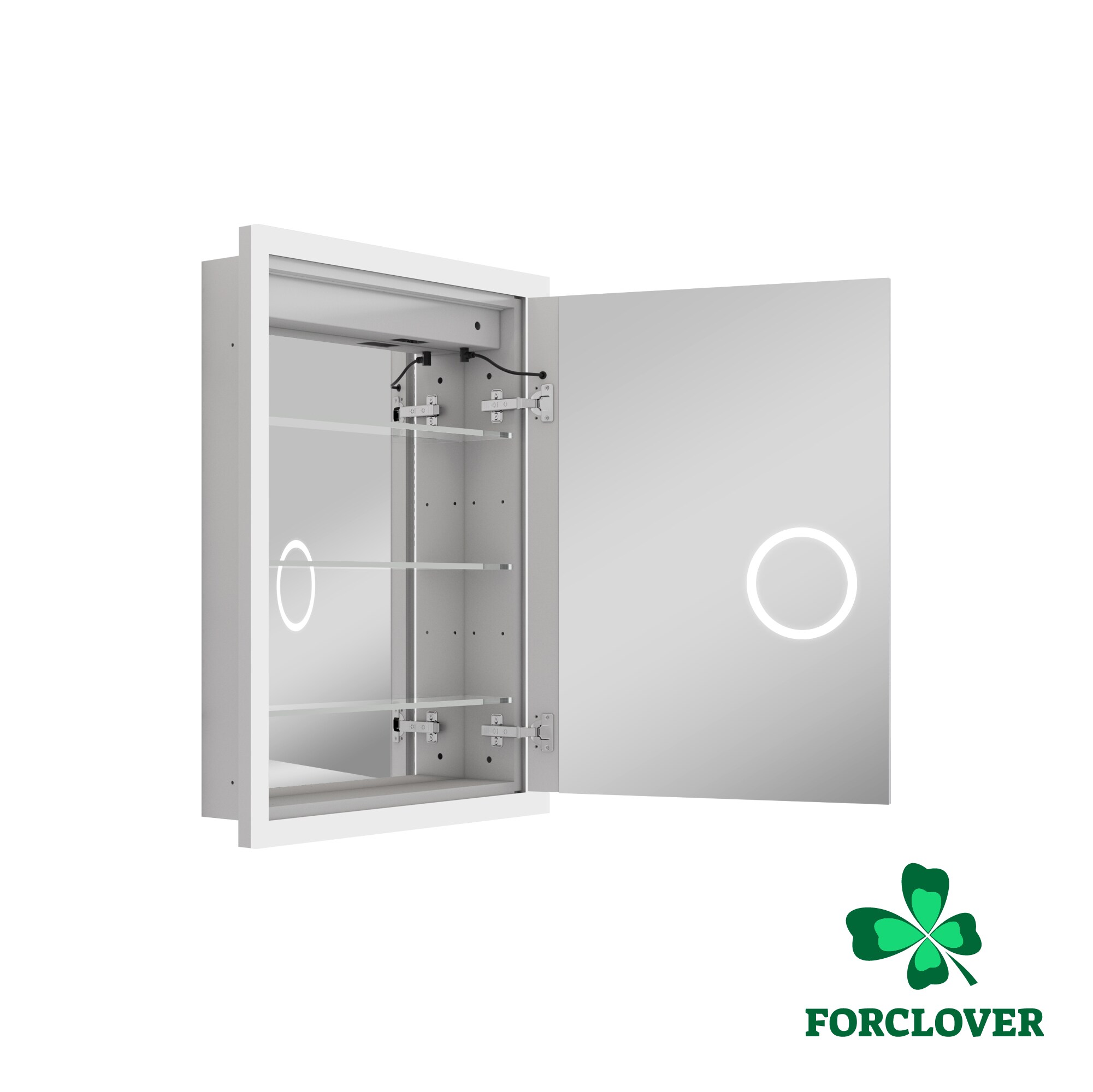Forclover 24-in x 32-in Lighted LED Fog Free Surface/Recessed Mount Silver Mirrored Soft Close Medicine Cabinet with Outlet