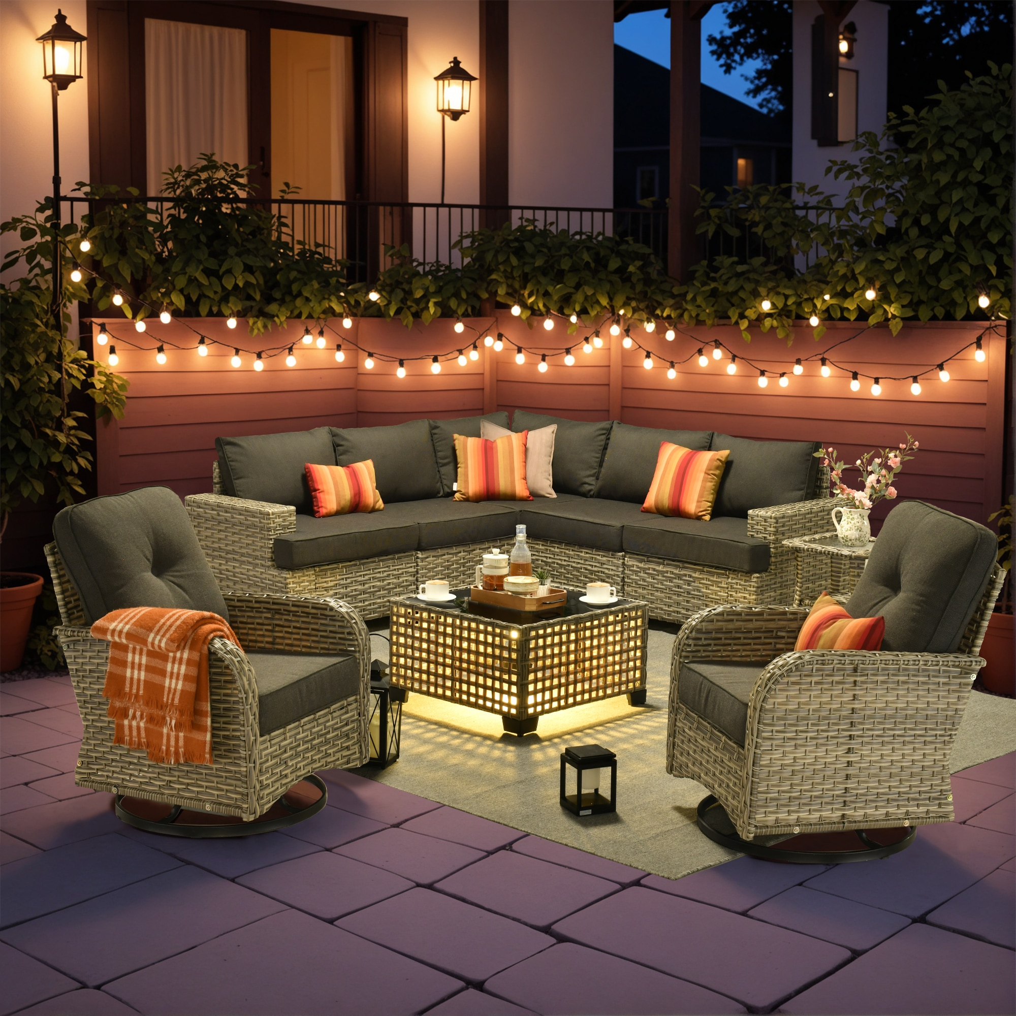 ALTRIGUS 6L-VYZTBS1092-AL 9 -Piece Wicker Patio Sofa Conversation Set with Black Cushions