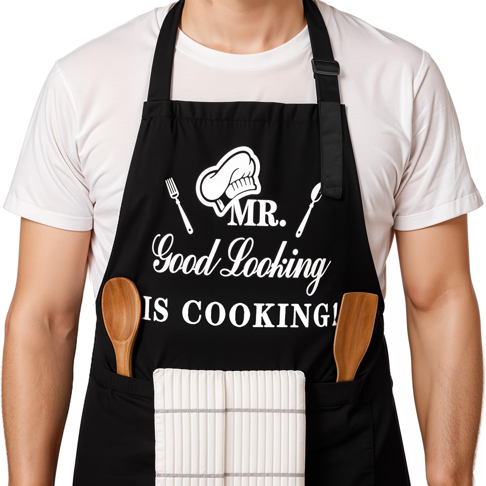 JVFCXXV  Funny Grilling Apron for Men Adjustable Black Apron with Pockets Mr Good Looking Is Cooking Chef Apron for Dad Husband Kitchen BBQ