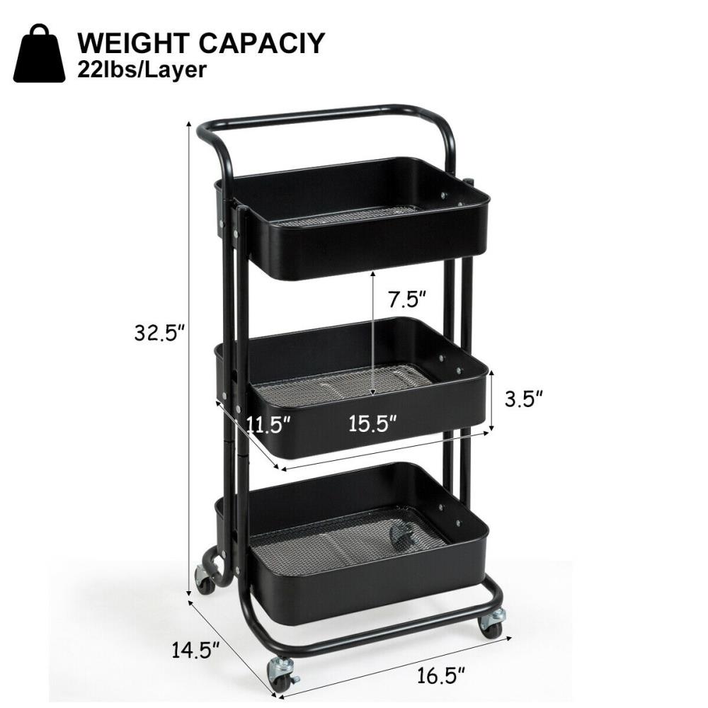 Costway 3-Tier Utility Cart Heavy Duty Wire Rolling Cart w/Handle Bar  Storage Trolley