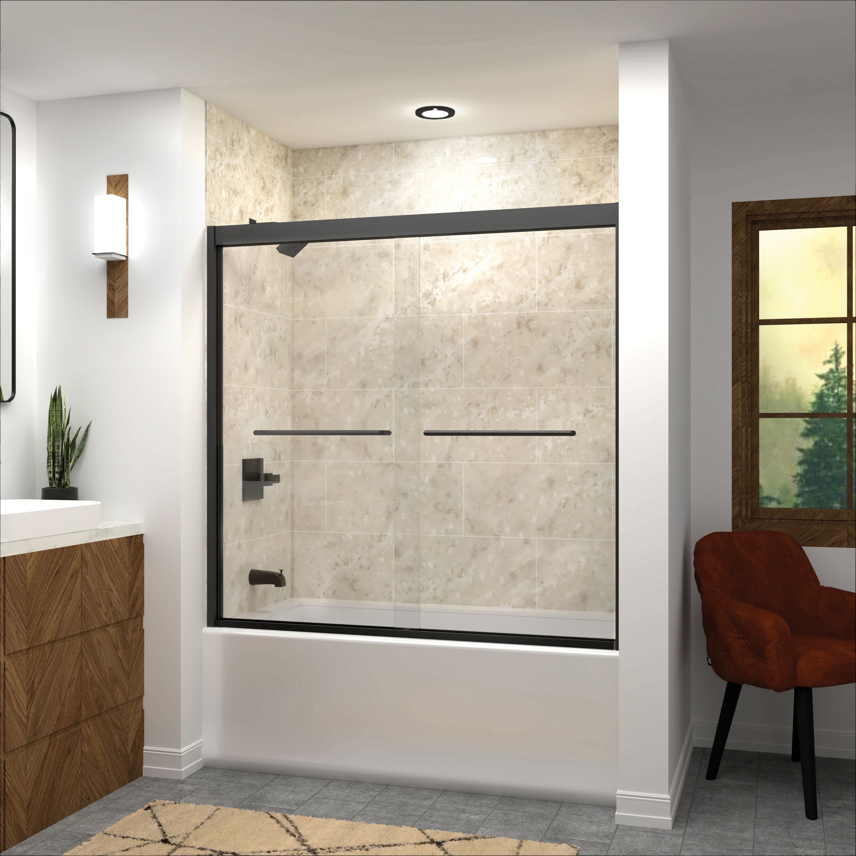 Transolid FBPT606608C-T-MB Frederick Matte Black 57-3/4-in to 59-in x 66-in Semi-frameless Bypass Sliding Soft Close Shower Door