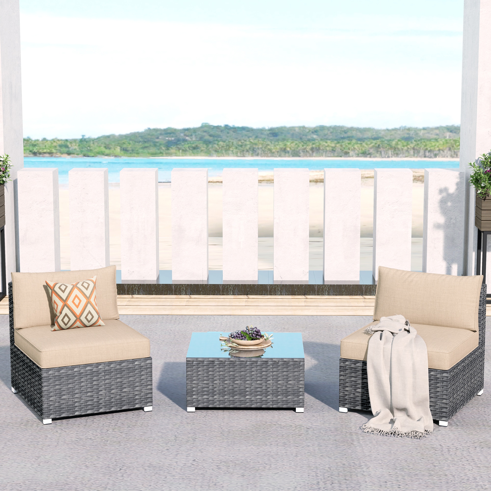 Pouuin SHOP6-BOX2 Set of 2 Wicker Gray Wicker Frame Stationary Conversation Chair with Beige Cushioned Seat