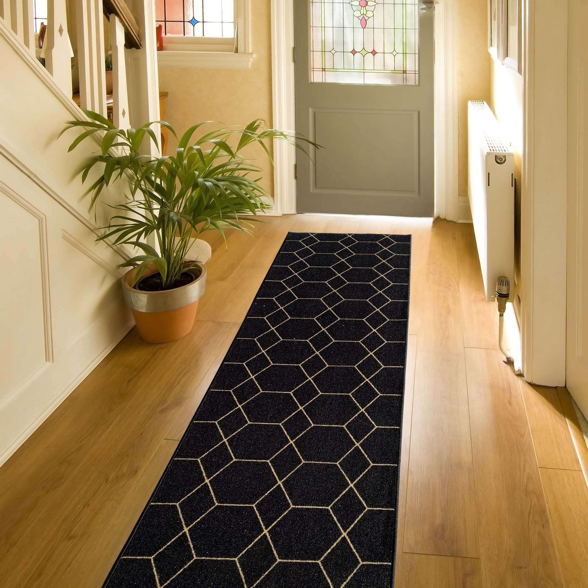 Playa Rug HEXBLACK-26X20 2 x 20 (ft) Knotted Polyester Hexagon-BlackGold Rectangular Indoor Geometric Runner rug