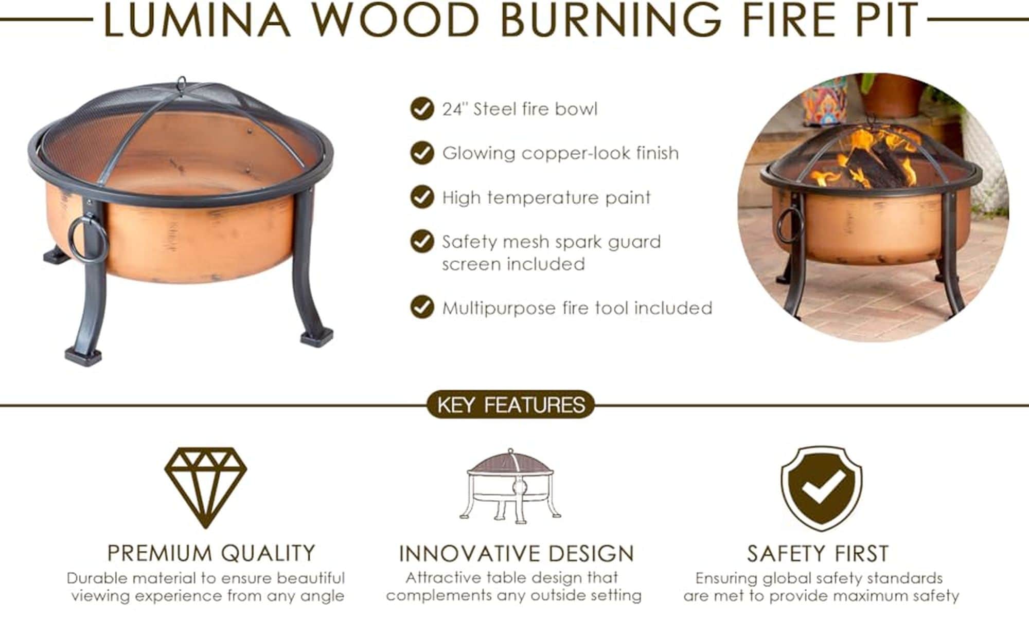 Copper Finish Round Wood Burning Fire Pit with Mesh Screen