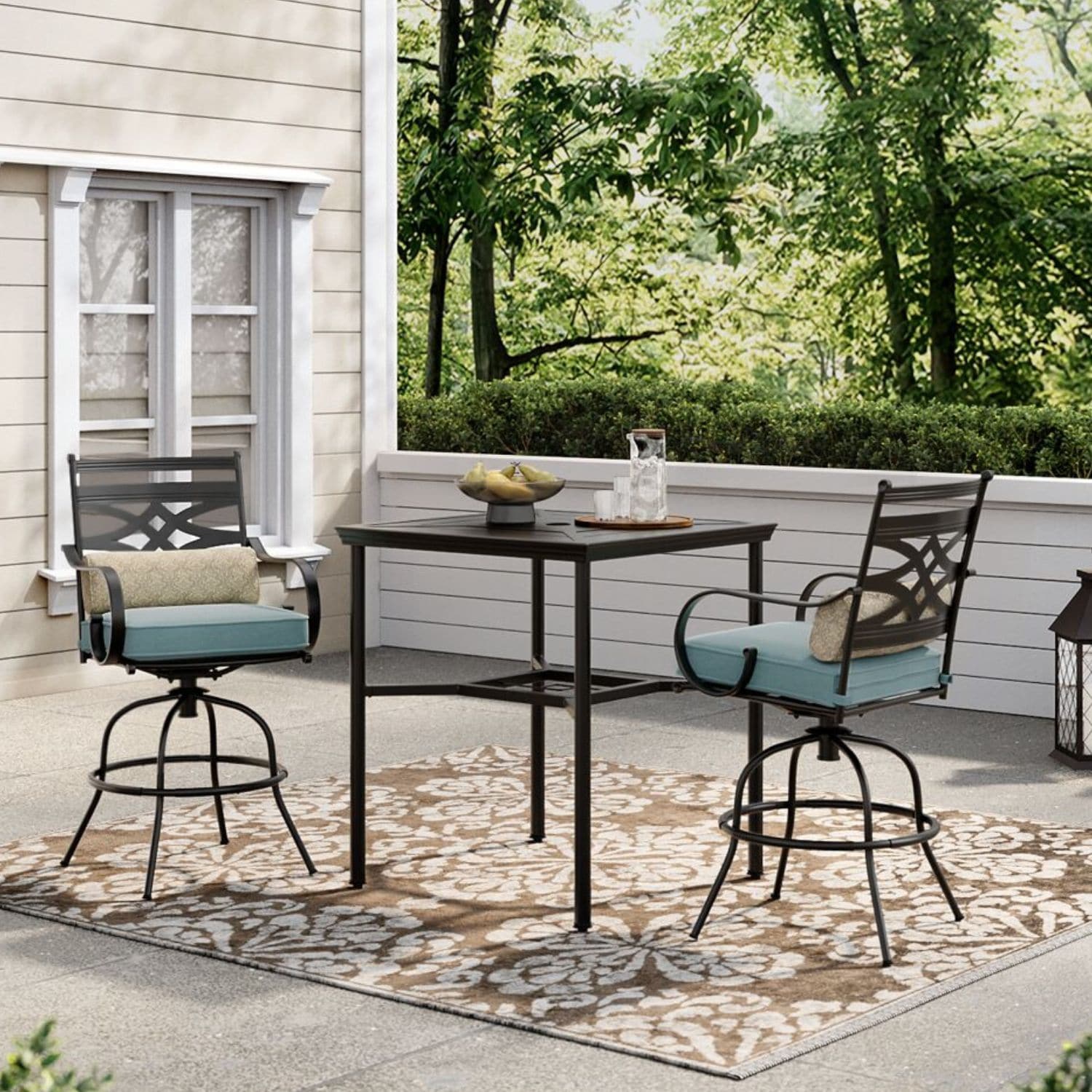 Hanover MCLRDN3PCBRSW2-BLU Montclair 3 -Piece Dark Brown Bar Height Patio Dining Set Steel Square Table with 2 Blue Cushions Swivel Chairs