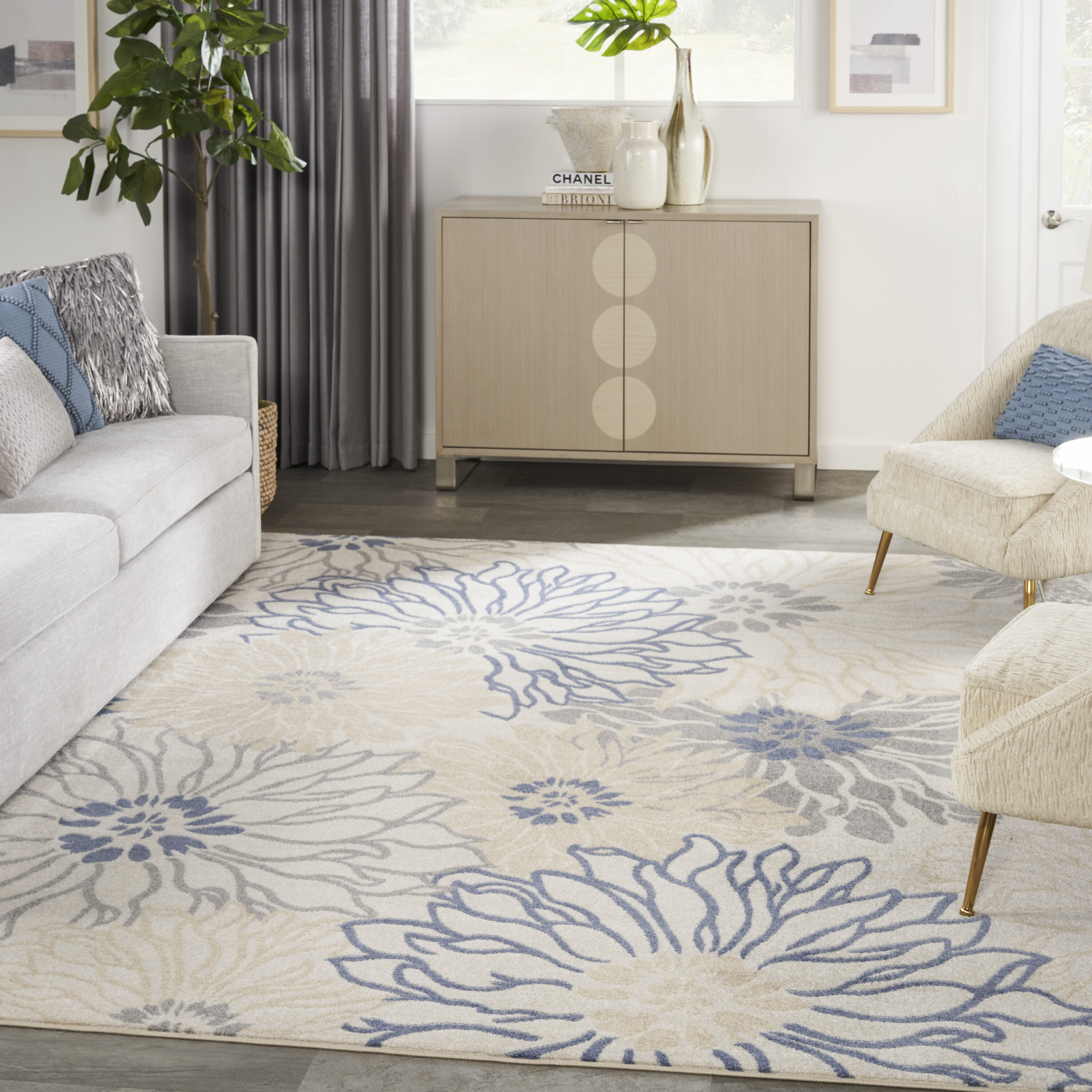 Nourison 099446018762 Passion 8 x 10 (ft) Loomed Polypropylene Ivory Grey Blue Rectangular Indoor Floral/Botanical Mid-Century Modern Area rug