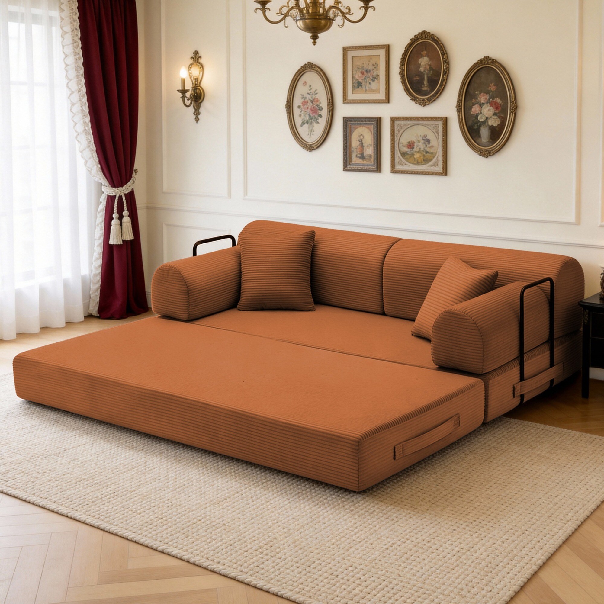UOI 79 inch Orange Corduroy Convertible Sleeper Sofa Bed with Fixed ...
