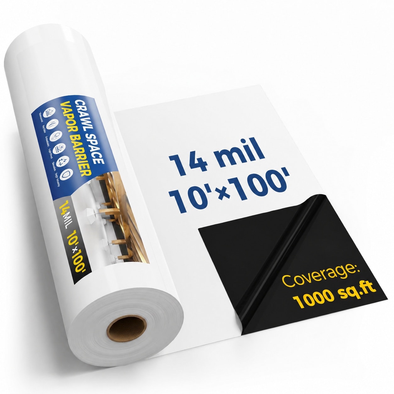 DYRCJ  14 Mil Crawl Space Vapor Barrier 10 feet by 100 feet Heavy Duty Black and White Plastic Sheeting for Moisture Control and Encapsulation