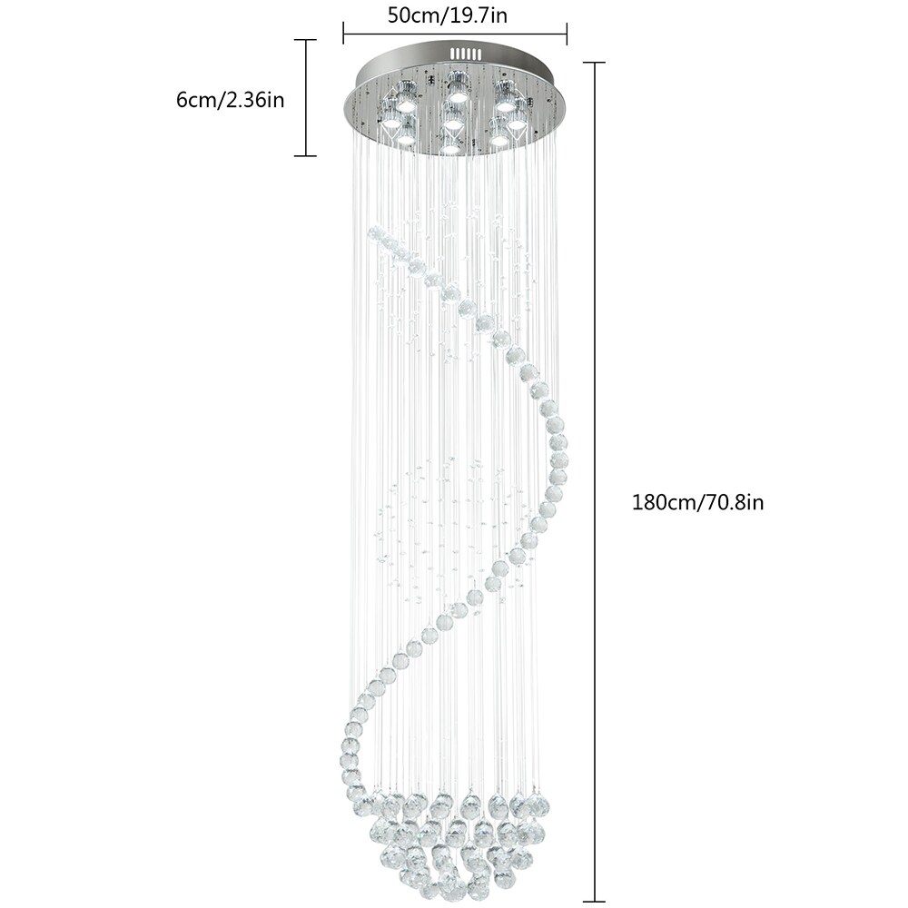 Oukaning 9-Light Modern Silver Spiral Luxury K9 Rain Drop Crystal 