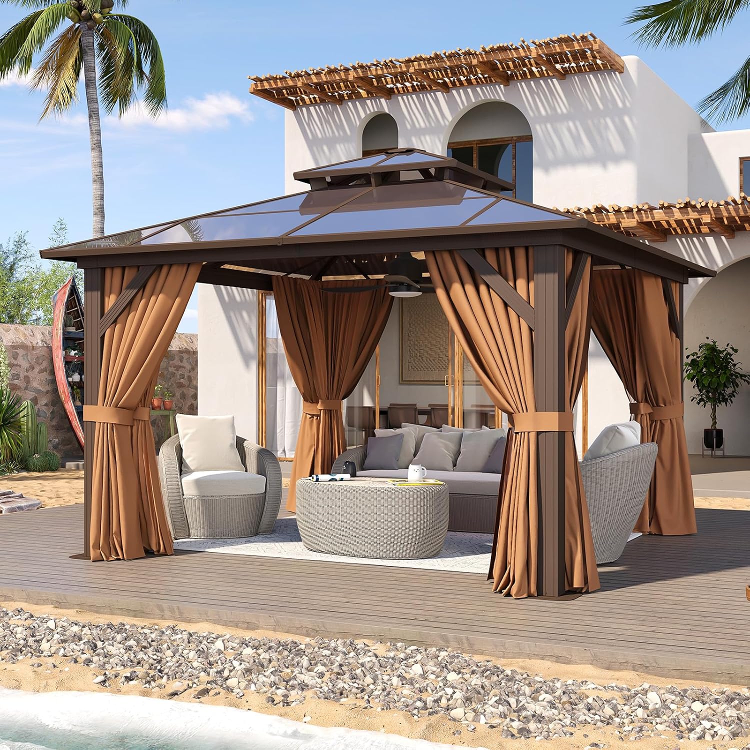 AOXUN Brown Gazebo with Hardtop Roof (Screen Included)