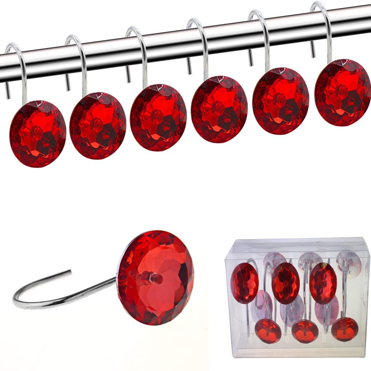 Aoibox  Shower Curtain Hooks Set of 12 Decorative Diamond Shape Acrylic Rhinestone Rings Chrome Finish for Bathroom Curtain Rods Easy to Install