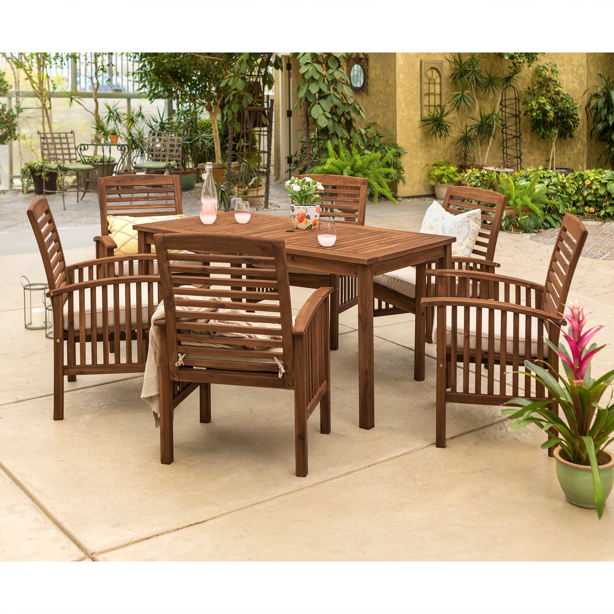 Walker Edison 7-Piece Brown Patio Dining Set with Tan Polyester ...