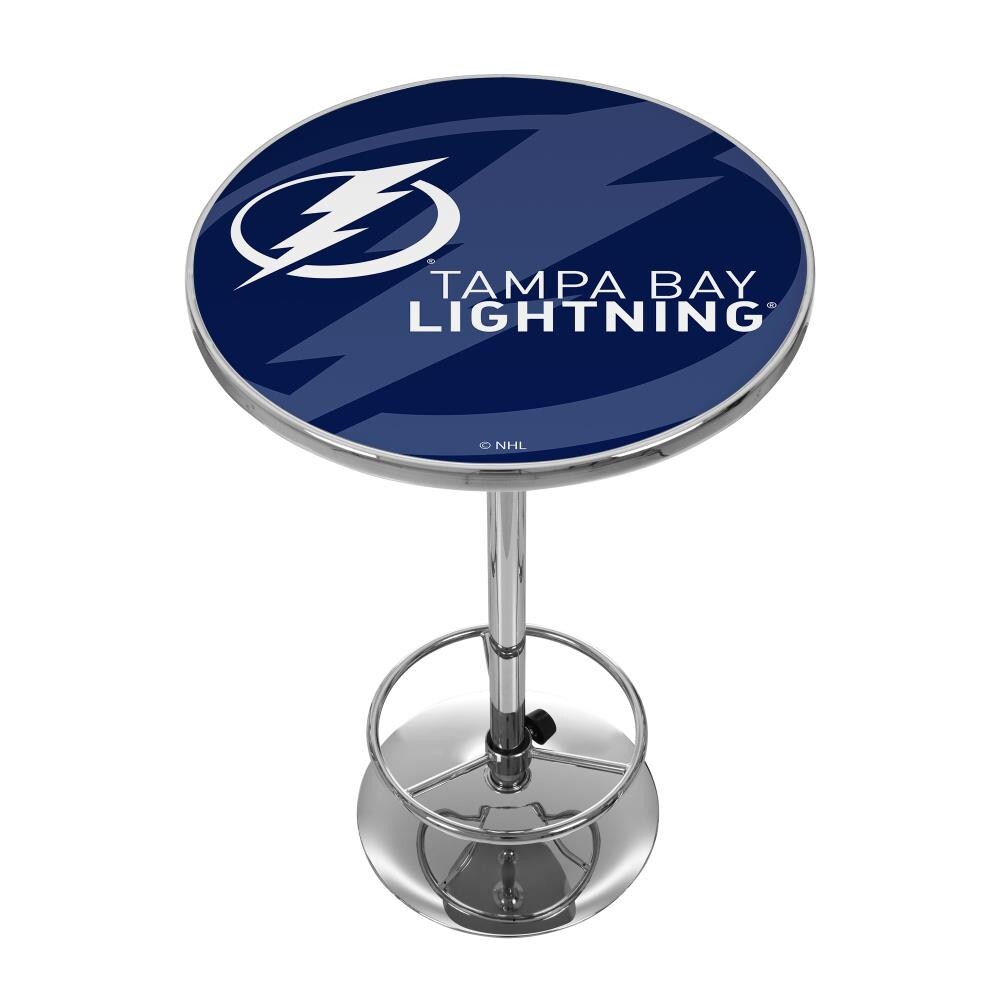 Trademark Gameroom NHL2000-TBL-WM Tampa Bay Lightning Pub Tables Chrome Round Traditional Bar Table, Composite with Metal Pedestal Base 27.375-in L x 42-in H