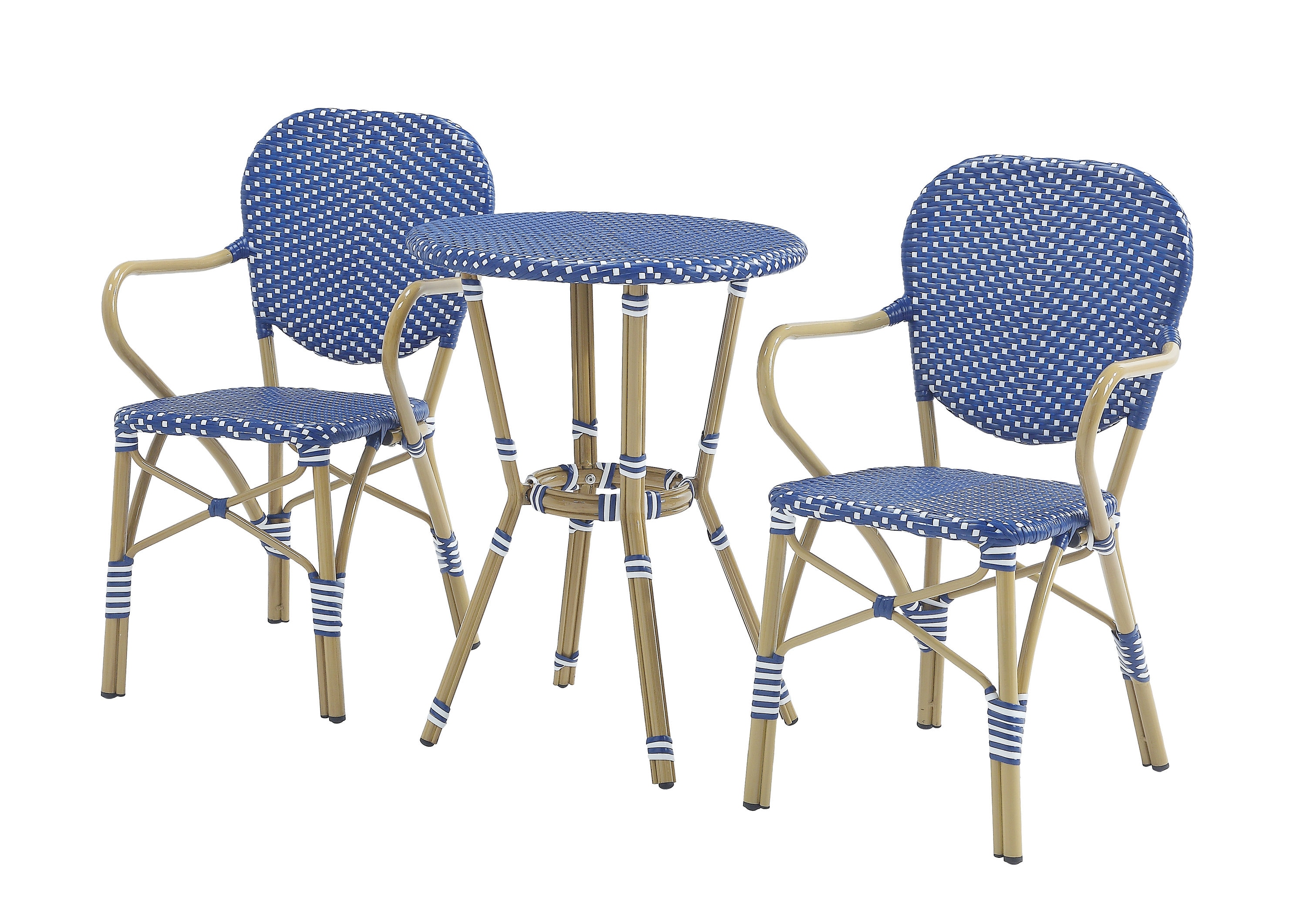 Furniture of America IDF-OT1849BL3PK 3 -Piece White, blue and brown finish Wicker Bistro Patio Dining Set Aluminum Round Table with 2 Stackable Spring Motion Chairs