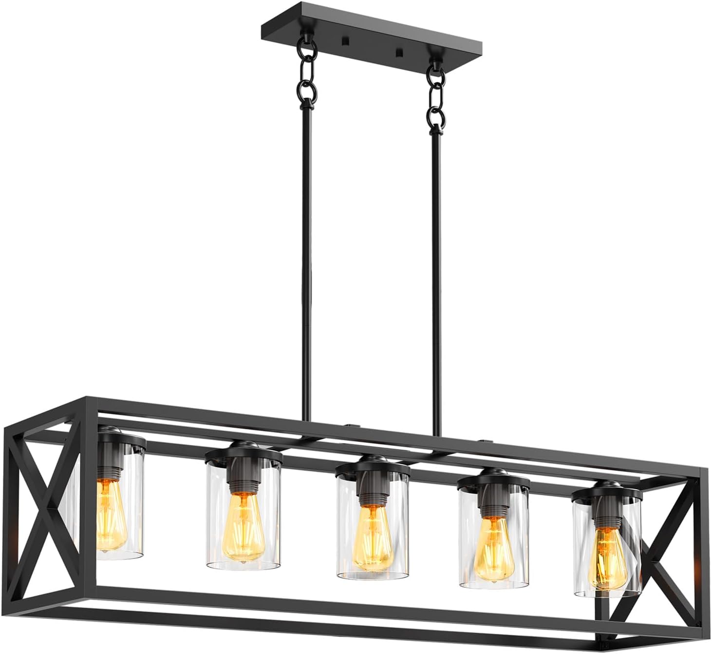 Qeetex DHZ-PHO-16FBJ27R Kitchen Island Pendant Lights – Black 5-Light Farmhouse Chandelier with Seeded Glass Shades and Wrought Iron Frame  Adjustable Height for Dining Room/Kitchen  Fits 5 E26 Bulbs Not Included