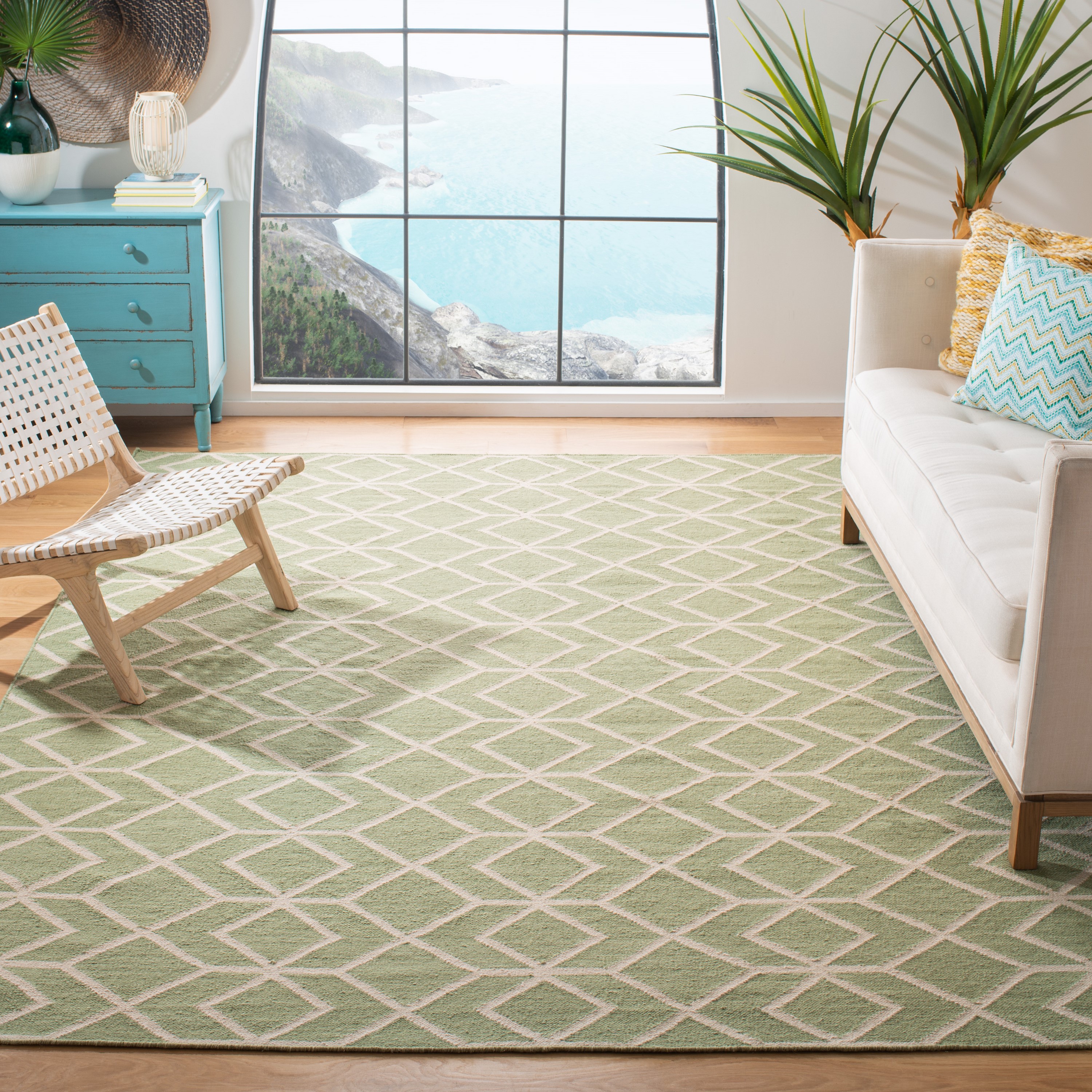 Sage and Ivory Geometric Wool Flatweave Rug, 8' x 10'