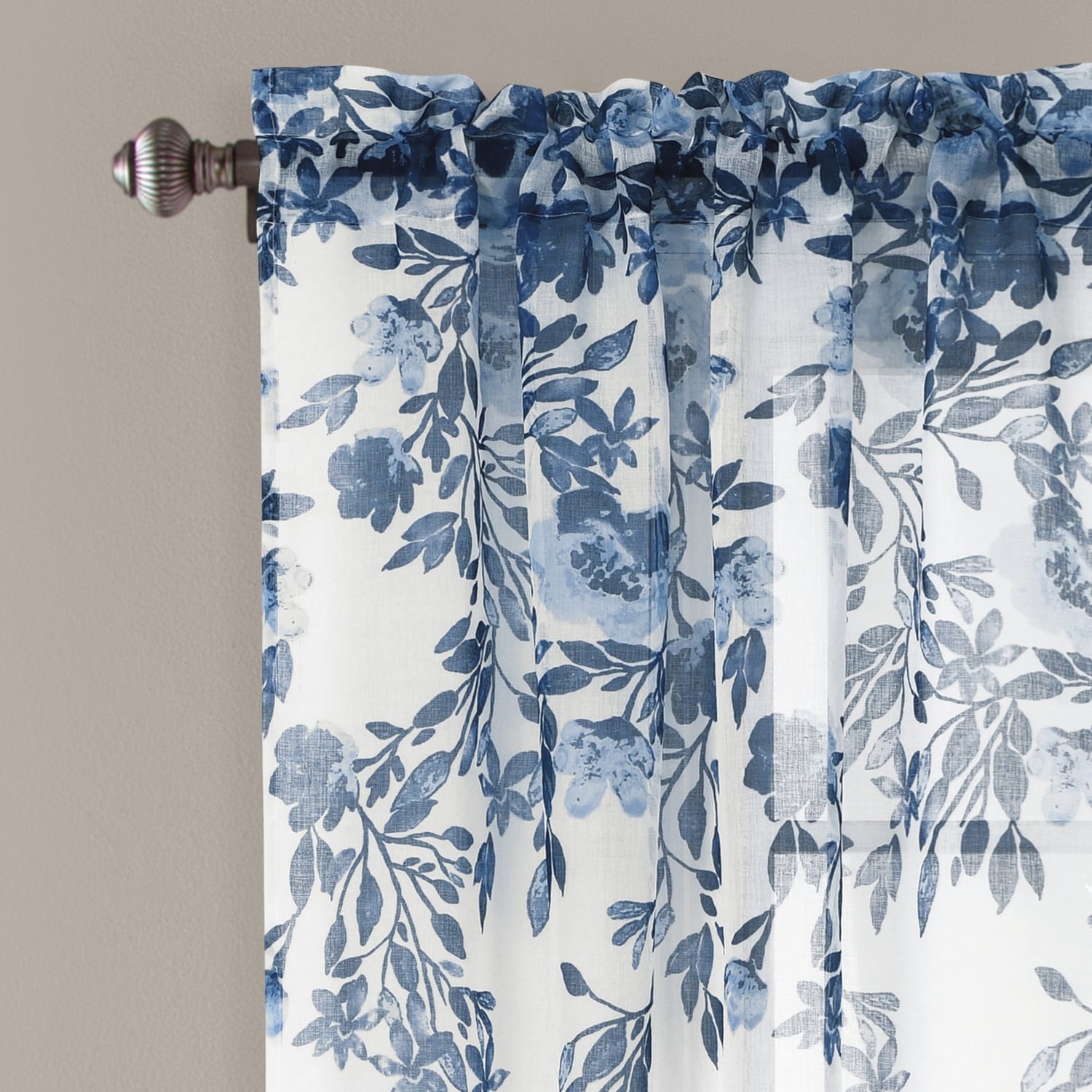 Navy Floral Sheer Polyester Window Curtain Panels