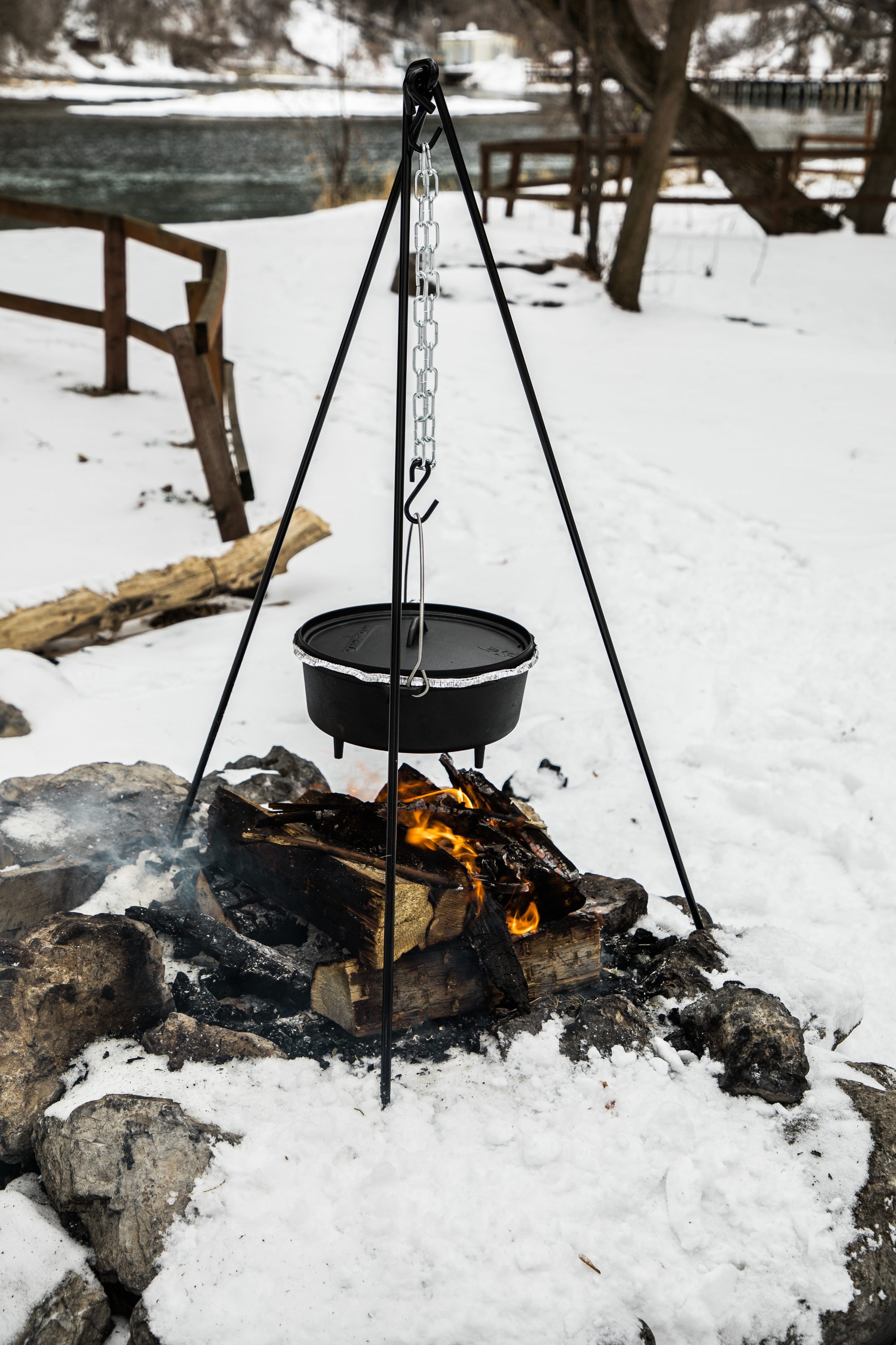 Camp Chef Dutch Oven Cast Iron Campfire Cook Stand in the Cooking